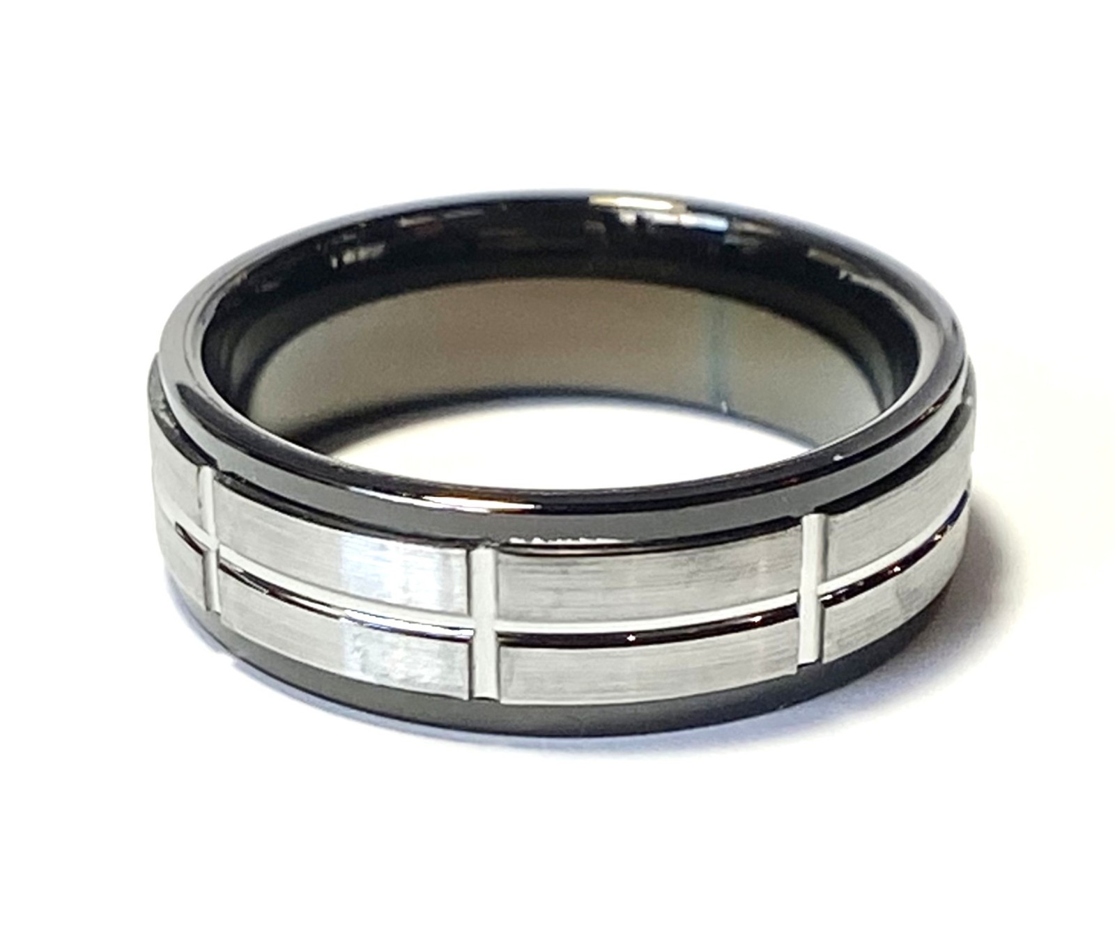 Black Ion Plated Tungsten Ring w/ Sectioned Silver Center Band