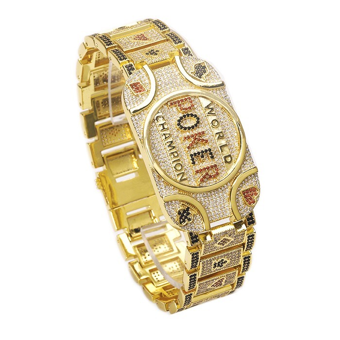 Wold Poker Champion Bracelet Brass Iced 8.5″ Simulated Diamond Gold Plated Bling