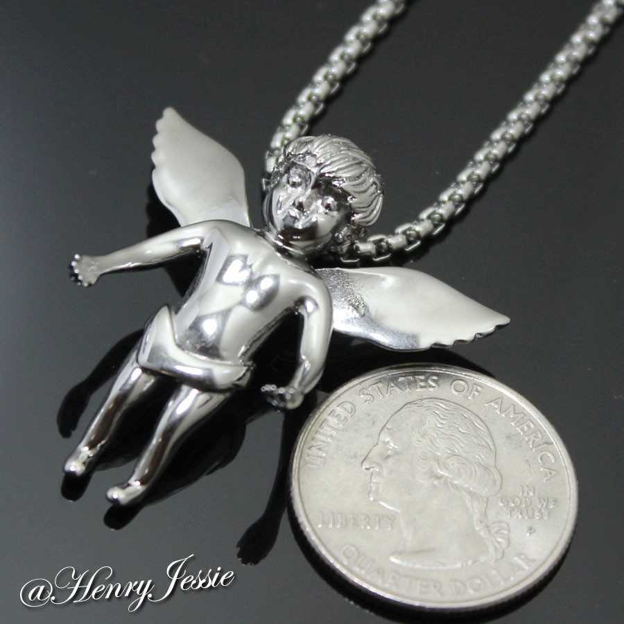 18-32″MEN Stainless Steel 2mm Silver Box Link Chain Little ANGEL 3D Pendant*P48