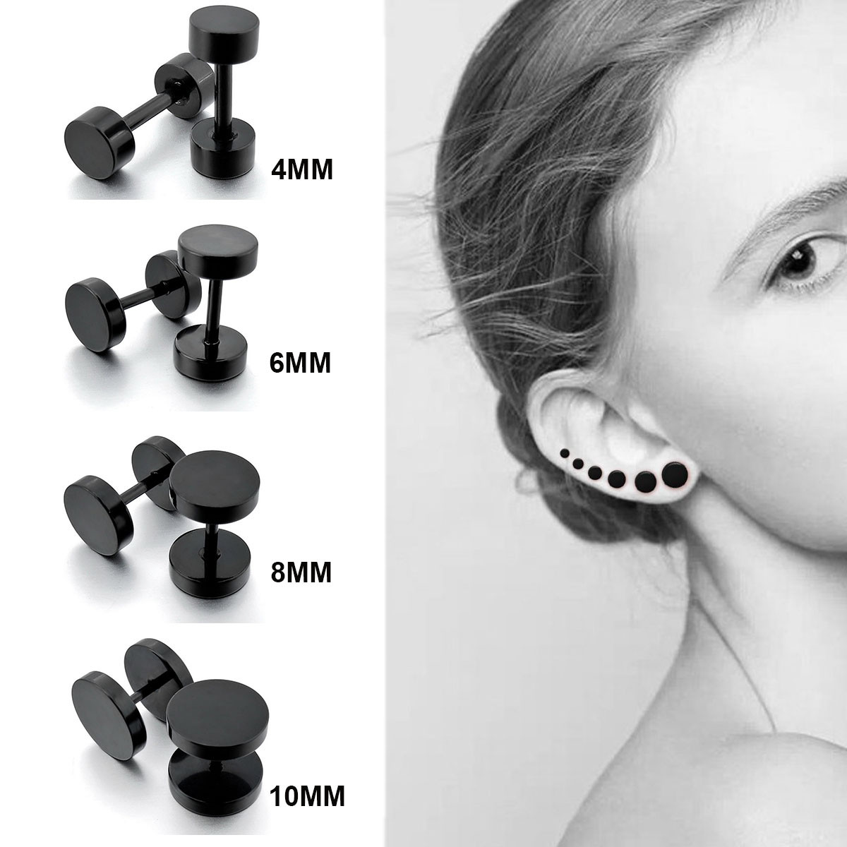 Black Stud Earrings Men Women Faux Gauges Ear Tunnel Stainless Steel Earrings US