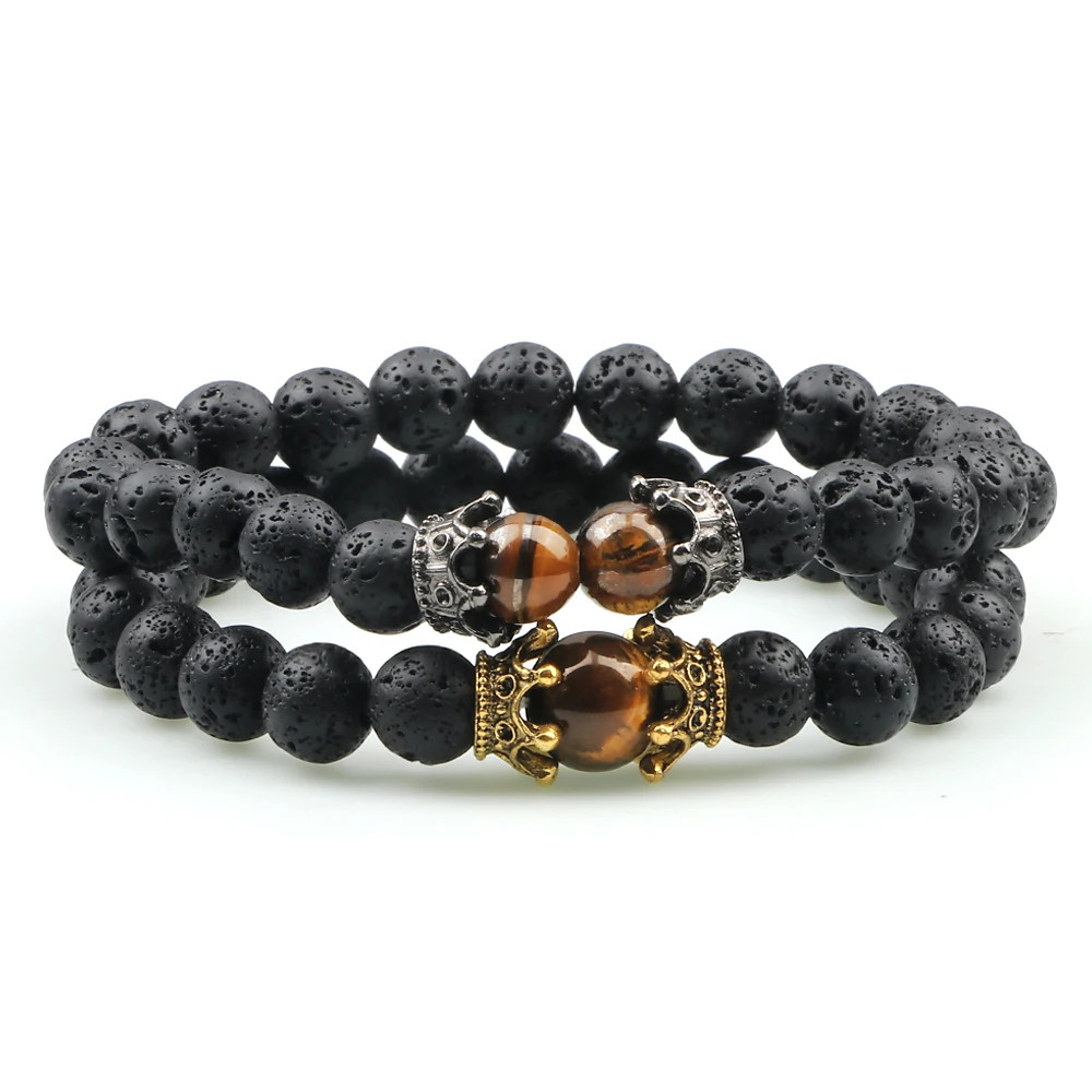 Handmade Adjustable Braided Bracelet Black Lava Stone Crown Tiger Eye Beads