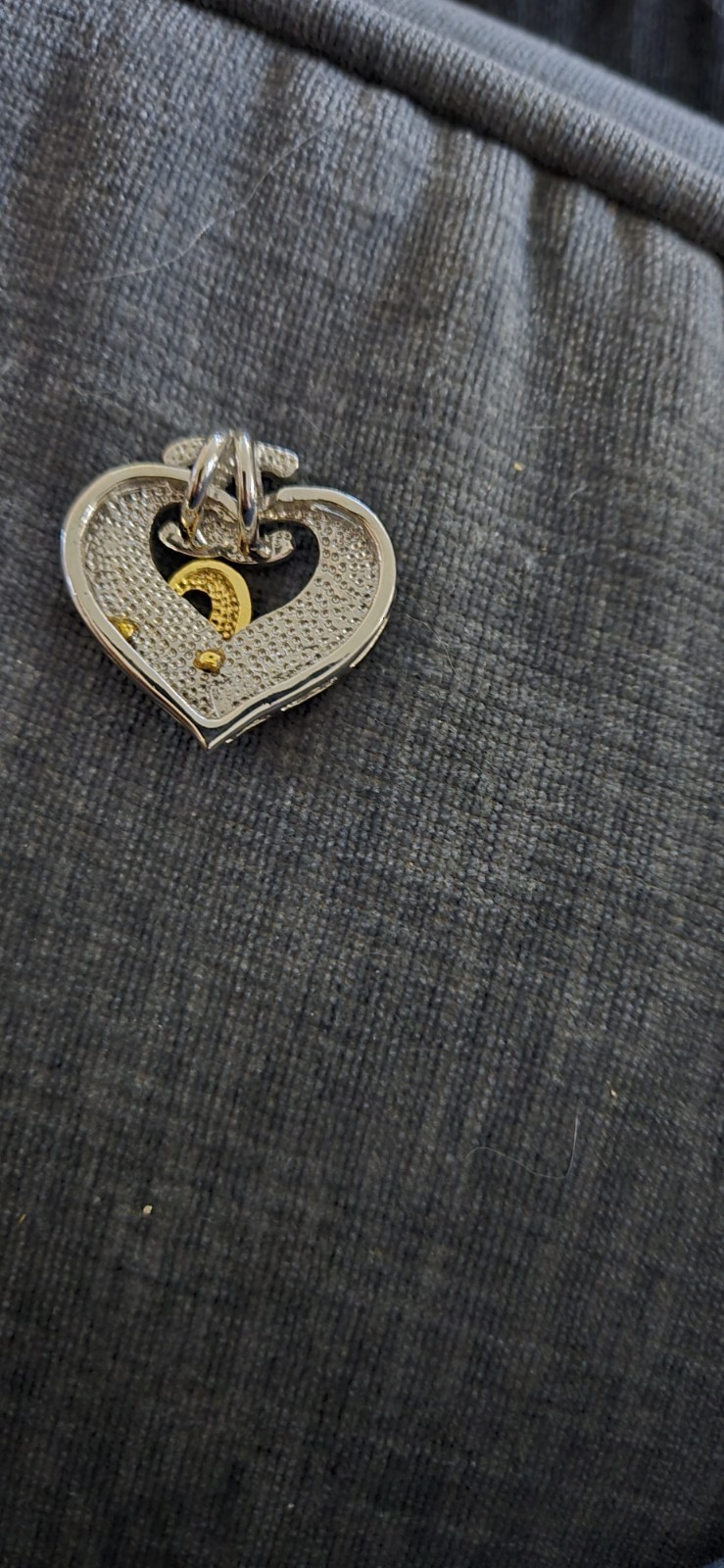 CHANEL Signed Heart Logo Charm Pendant Silver & Gold Tone Pavé Clear
