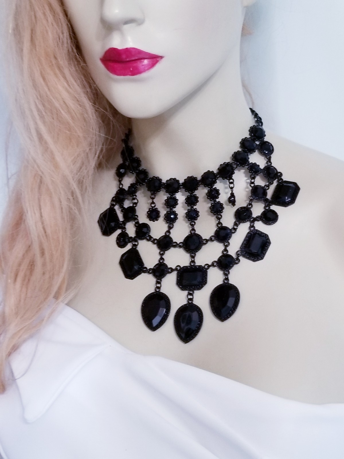 Black Statement Choker Rhinestone Resin Necklace Bridal Prom Pageant Gothic