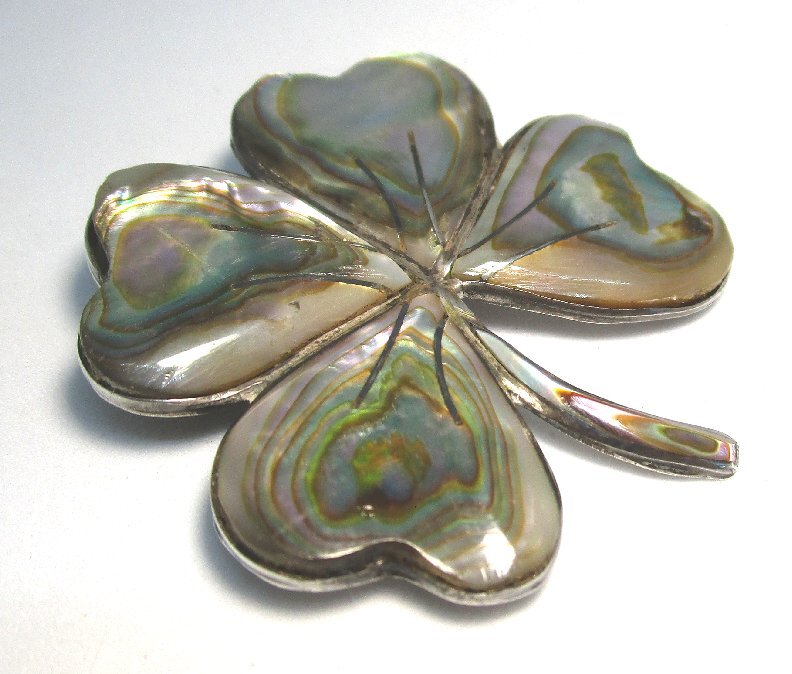 AM 925 Mexican Sterling Silver / Shell Shamrock Pin / Old Eagle Mark 13.1 grams