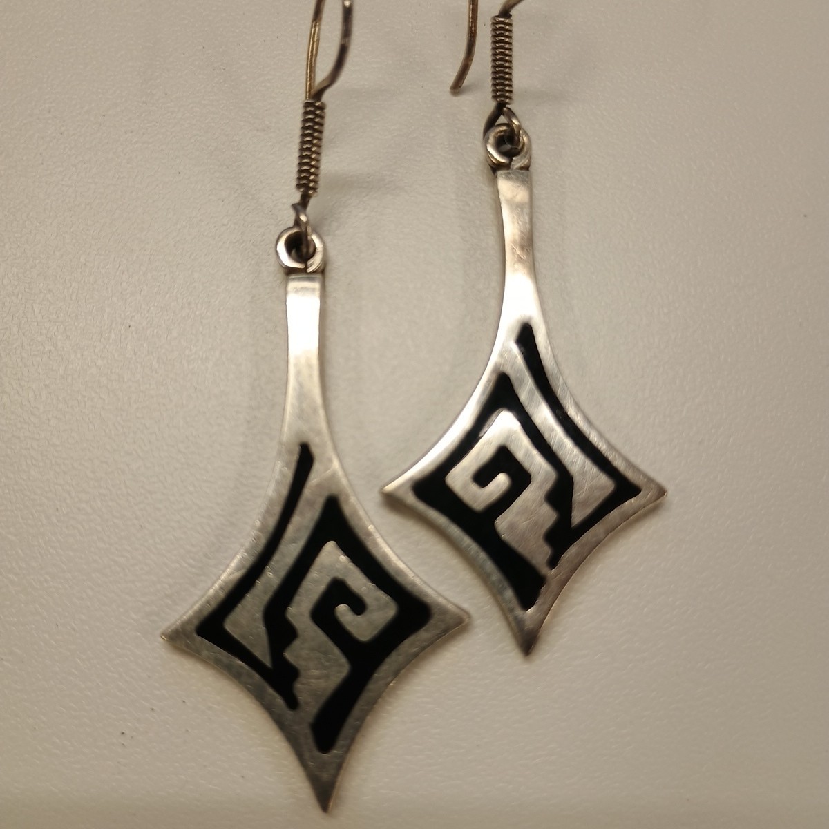 Sterling Silver 92.5 Black Enamel Diamond Shape Maze Greek Key Dangle Earrings