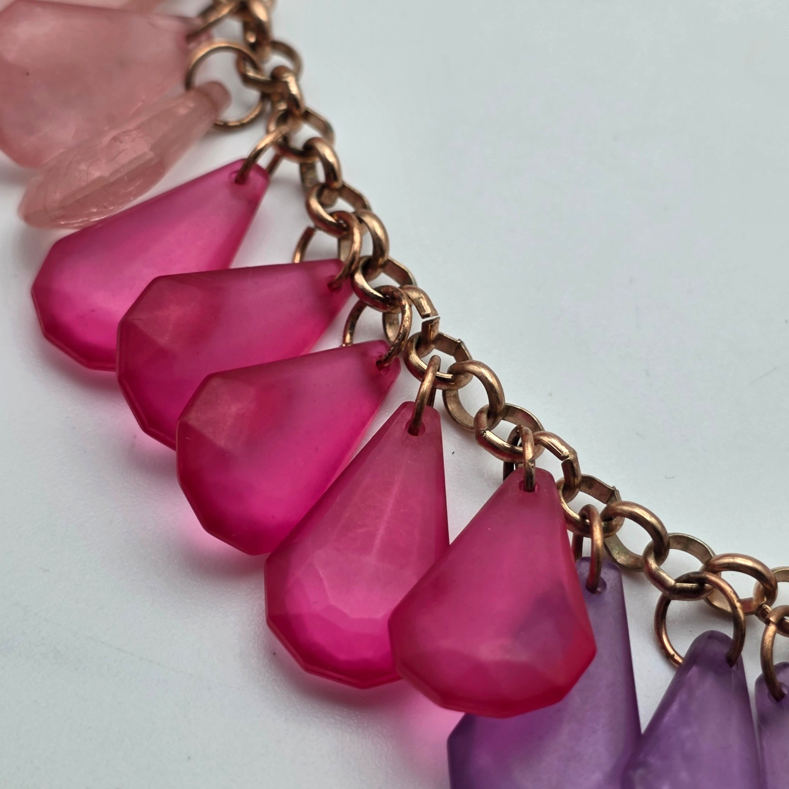 Pink Purple Blush Clear Lucite Fringe Statement Necklace Rose Gold Coldwater 34″