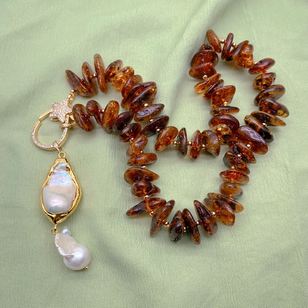 Natural Amber Necklace Cultured White Baroque Pearl Pendant