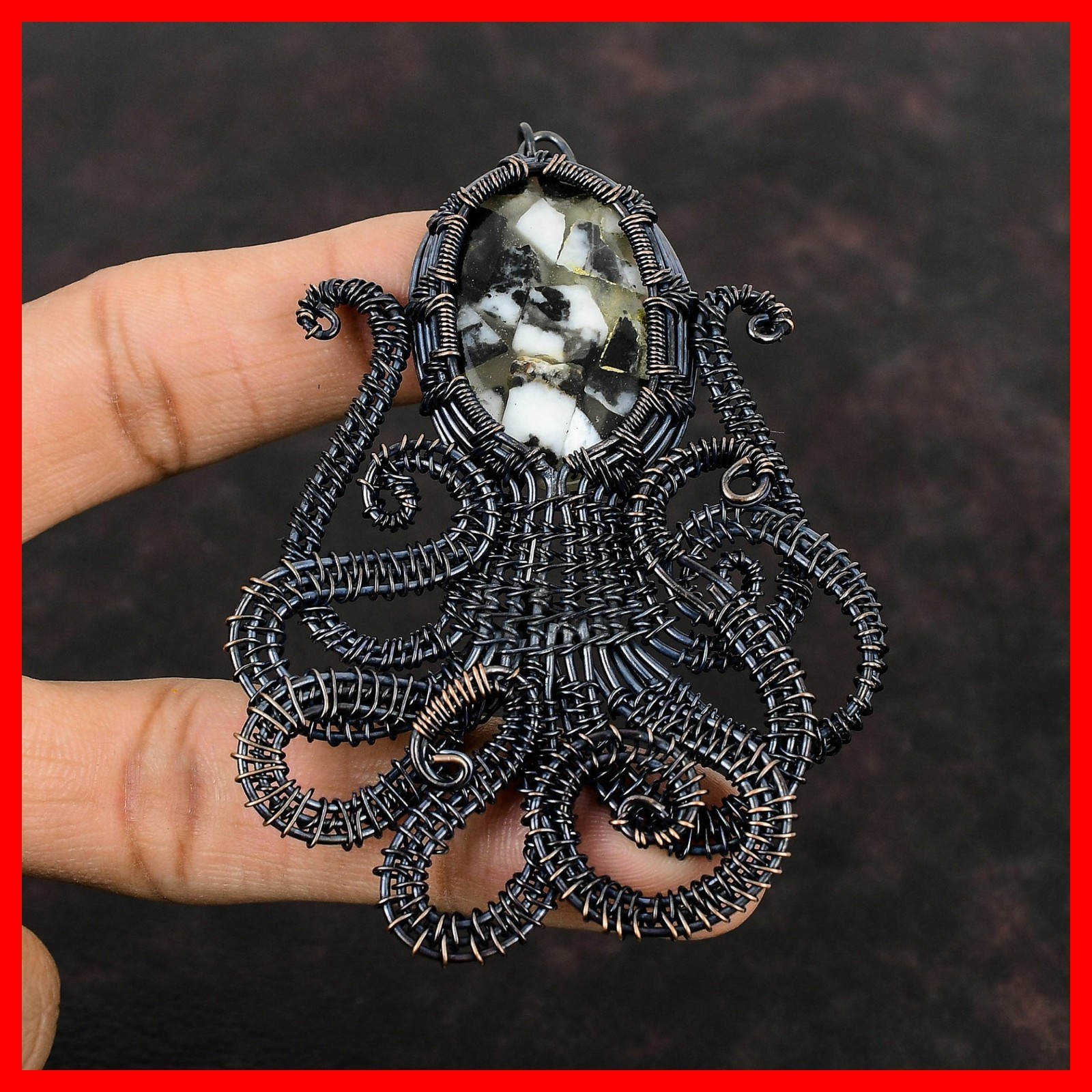 Copper Oval Natural Copper Black And White Turquoise Wire Wrap Pendant Jewelry