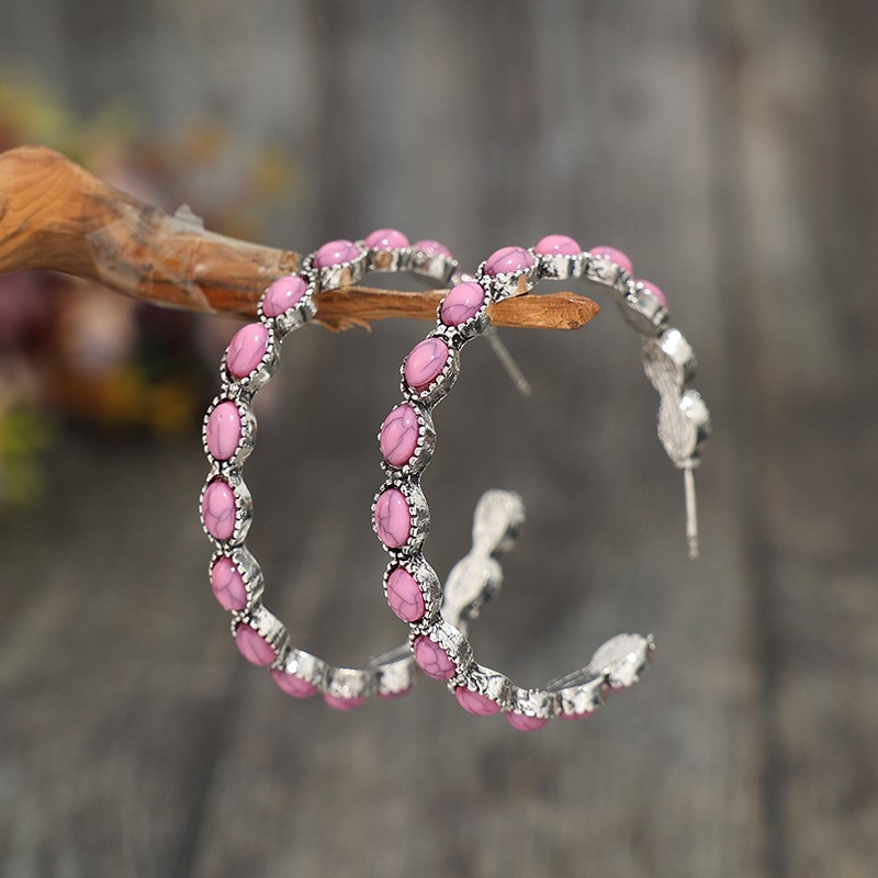 New Bohemian Pink Turquoise Circle C-Shaped Earrings