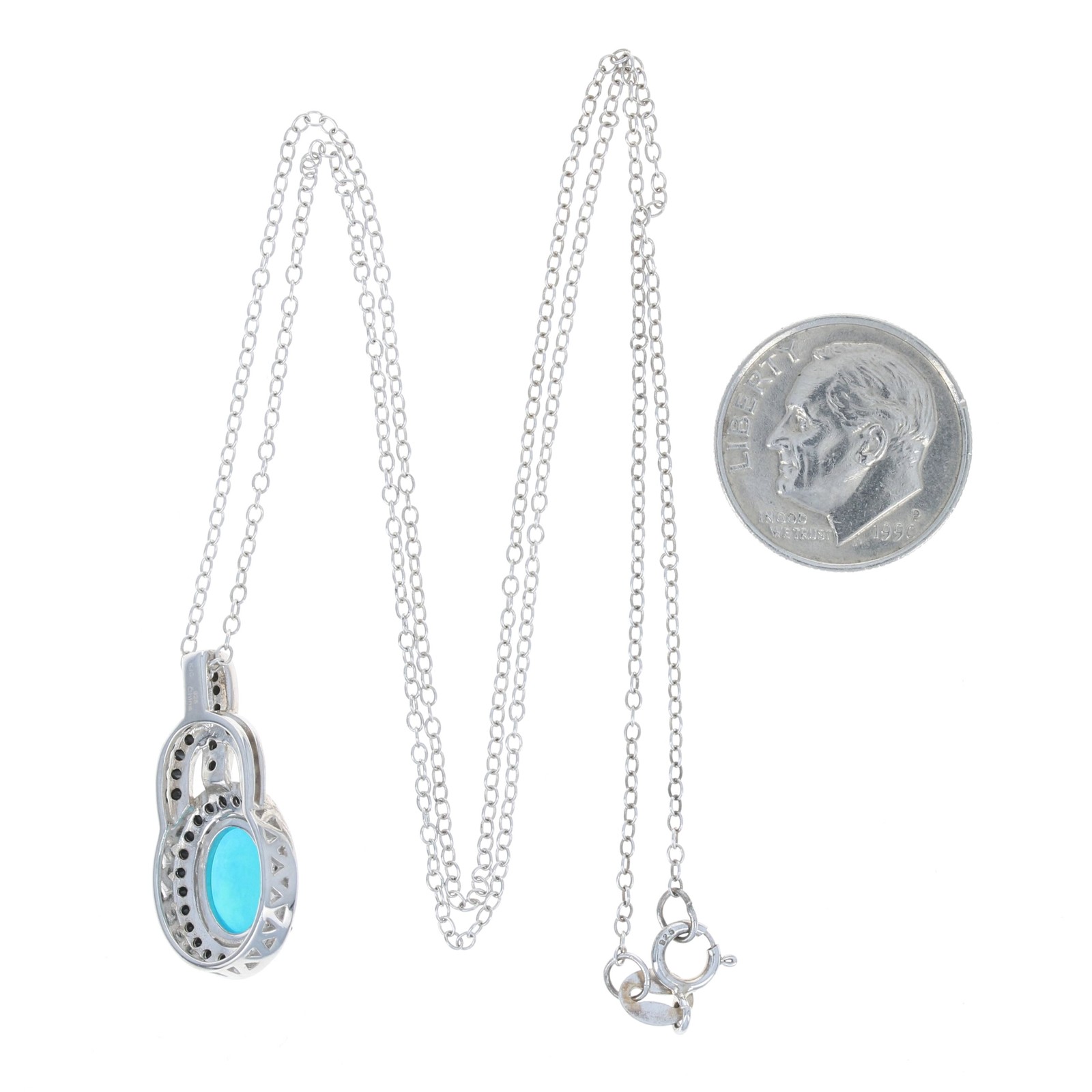 Sterling Synthetic Opal & Black Cubic Zirconia Halo Necklace 18 1/4″ – 925 Oval