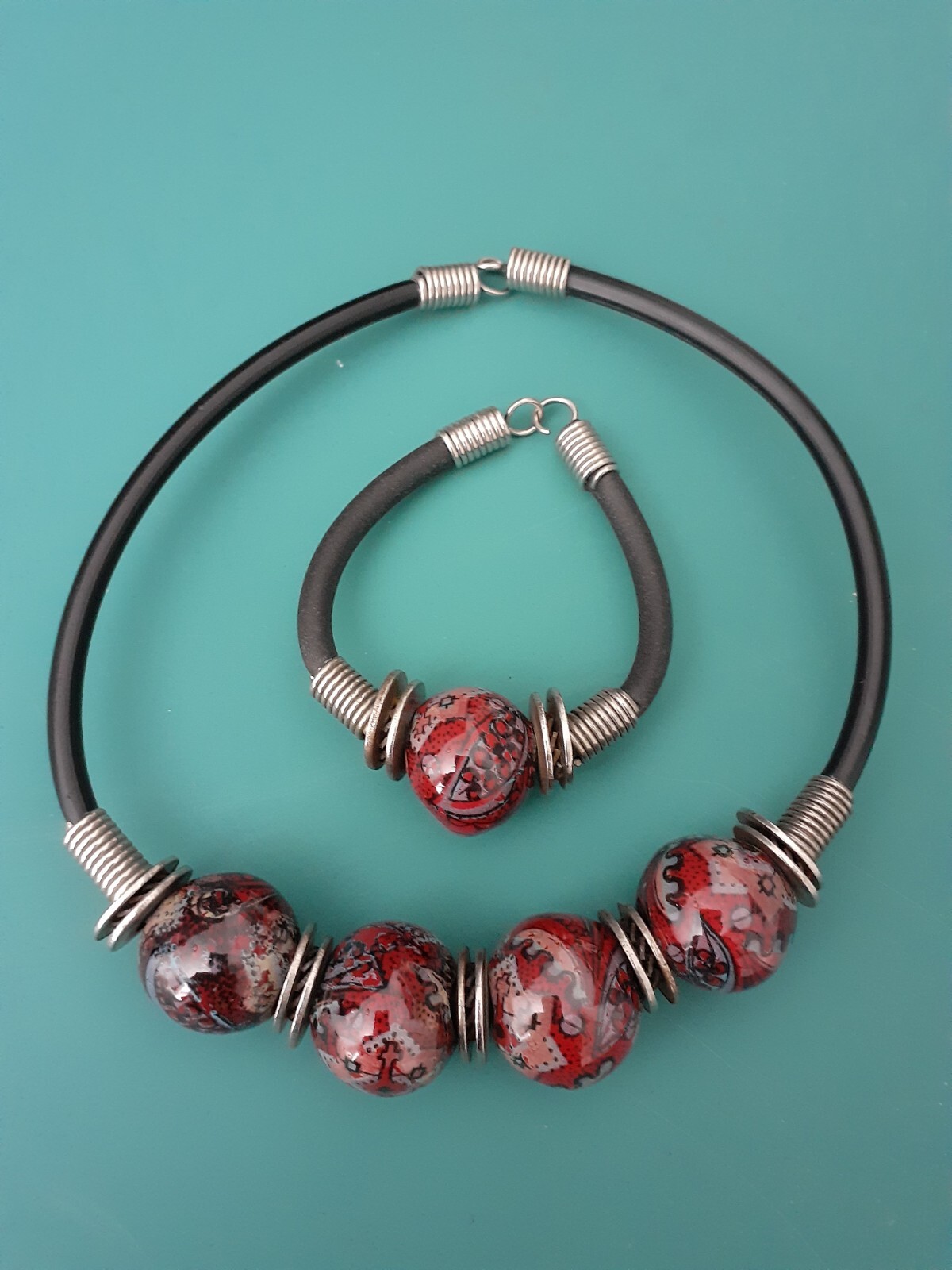 NWOT Boho Tribal Ethnic Statement Ceramic Bead Metallic Choker Necklace/Bracelet