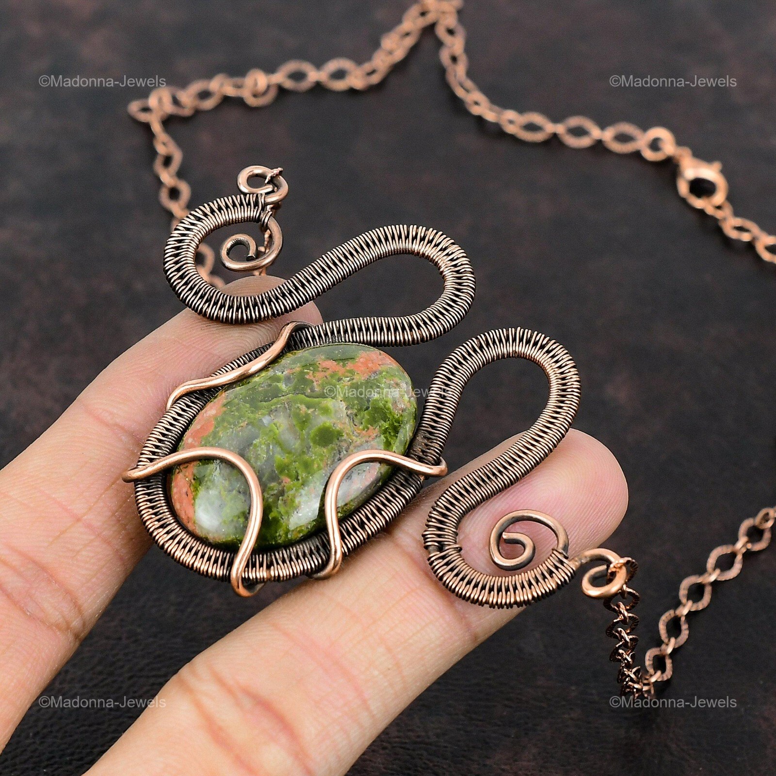 Copper Natural Unakite No Stone Chain Sister Wire Wrapped Engagement Necklace