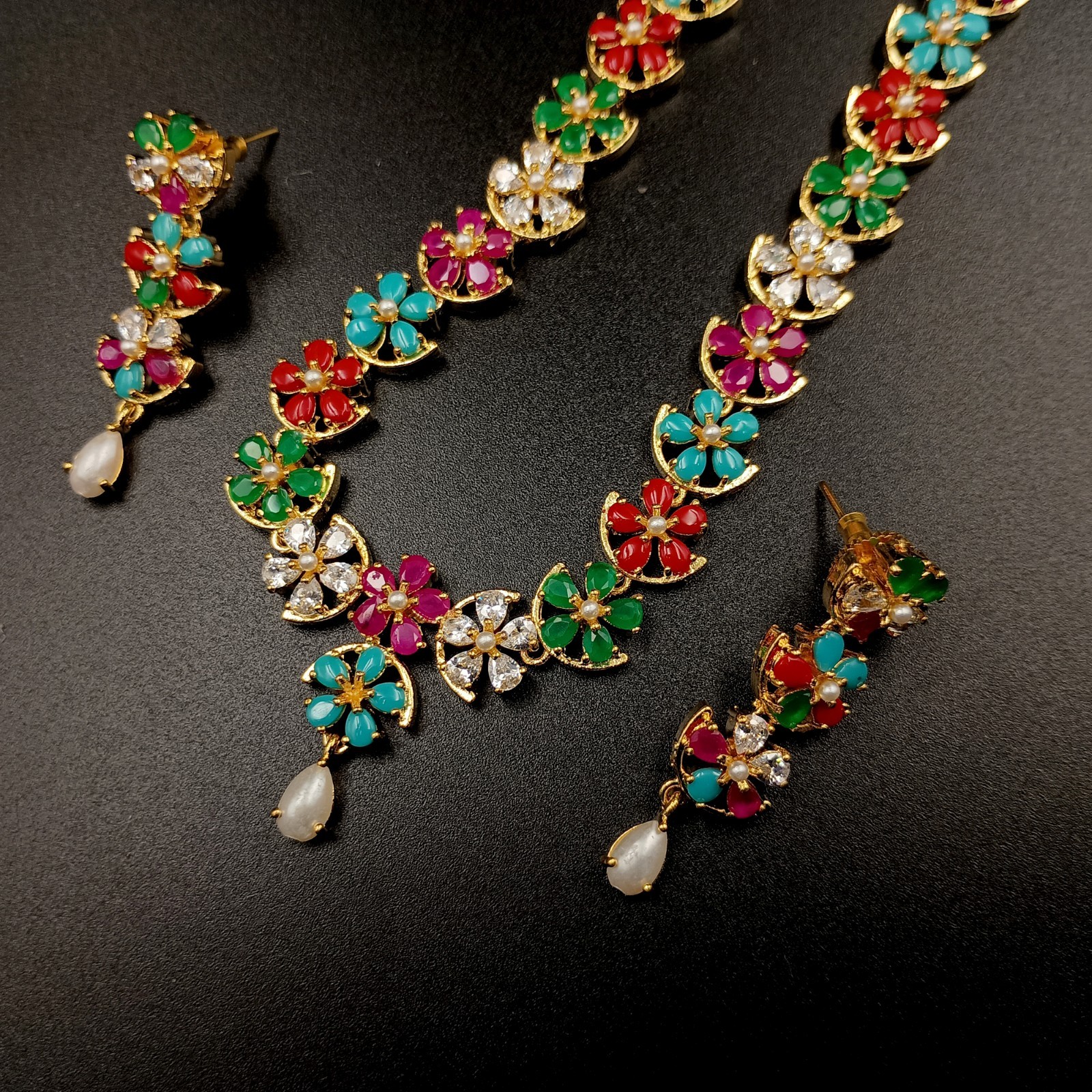 Navratan Multi Gemstone Flower Necklace Set 22K Yellow Gold Plated Bollywood Gif