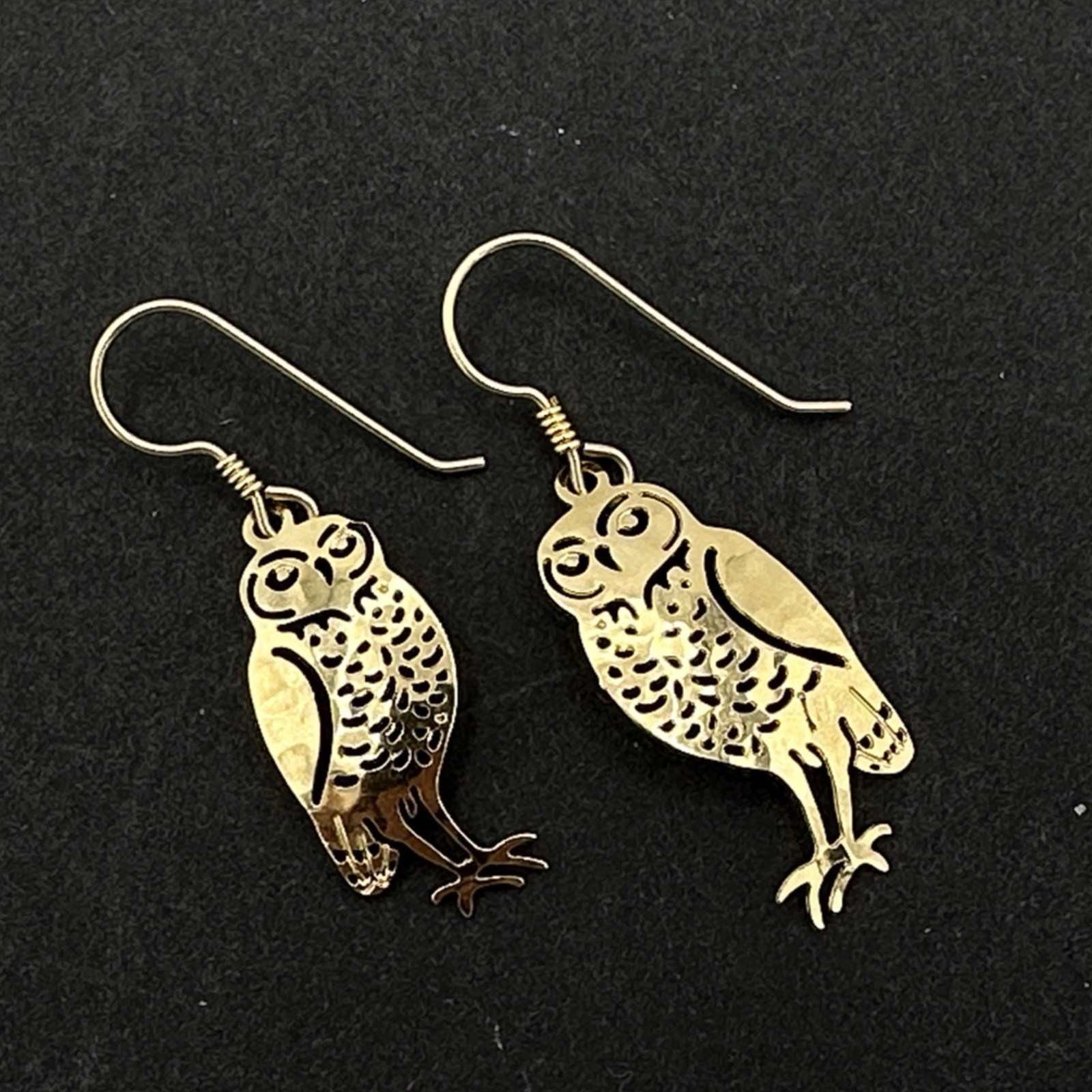WILD BRYDE owl earrings – gold-tone figural bird 1.75″ dangle signed pierced