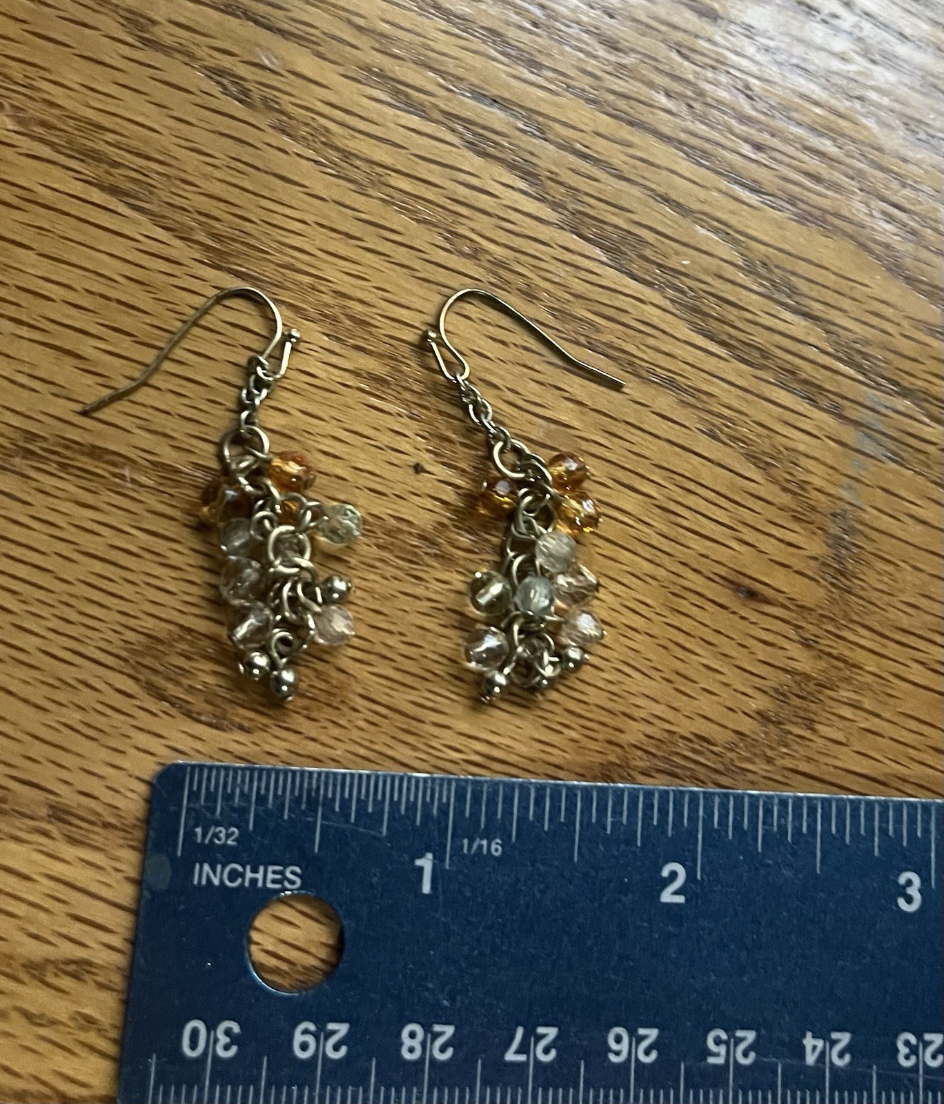 Gold Tone Clear & Amber Crystal Bead Cluster Dangle Drop Hook Earrings 1.5 in