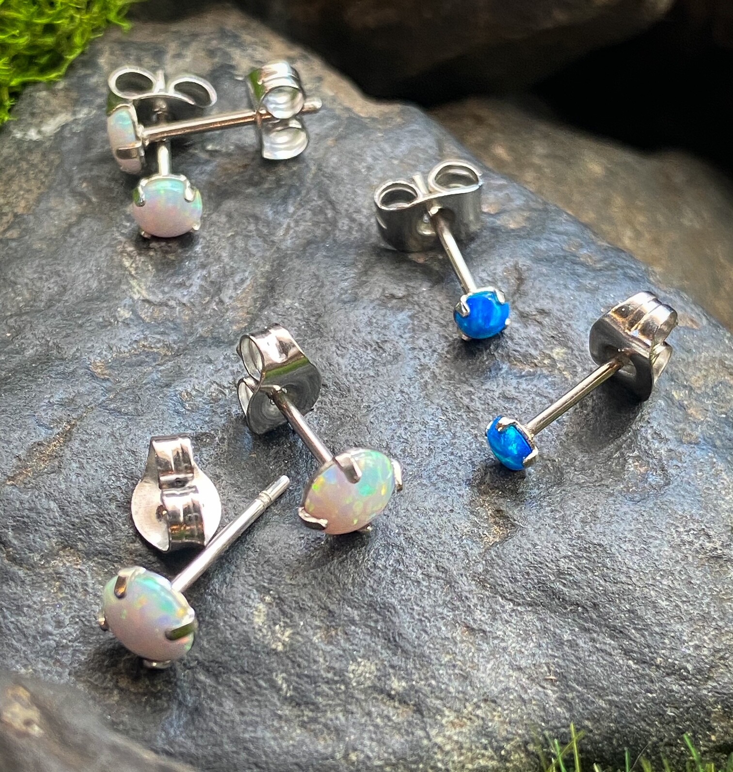 PAIR Prong Set Opal Earrings 316L Surgical Steel – choose from 2 colors, 3 sizes