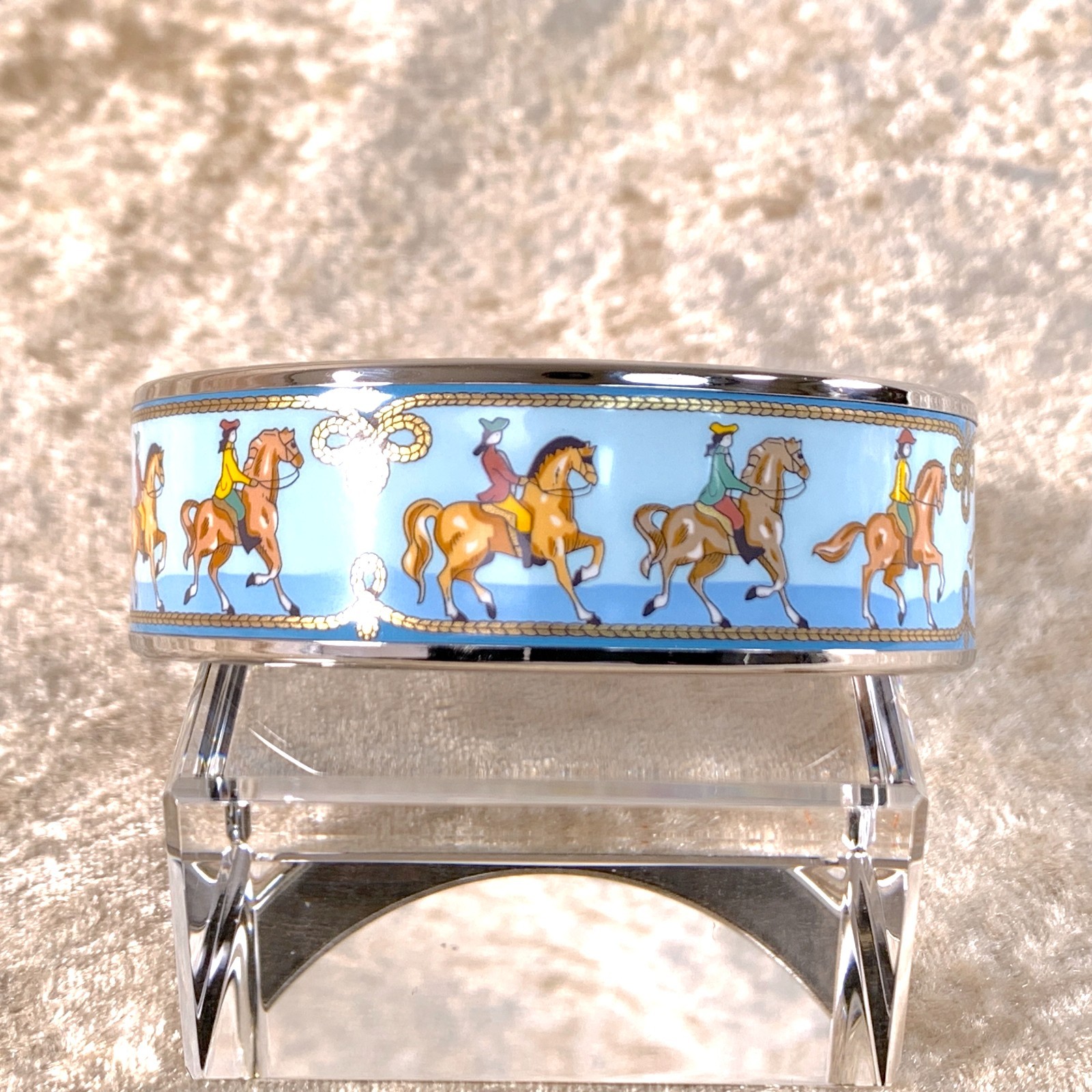 Vintage Hermes Bangle Bracelet Enamel Blue Horse Silver Rim Size 65 with Box