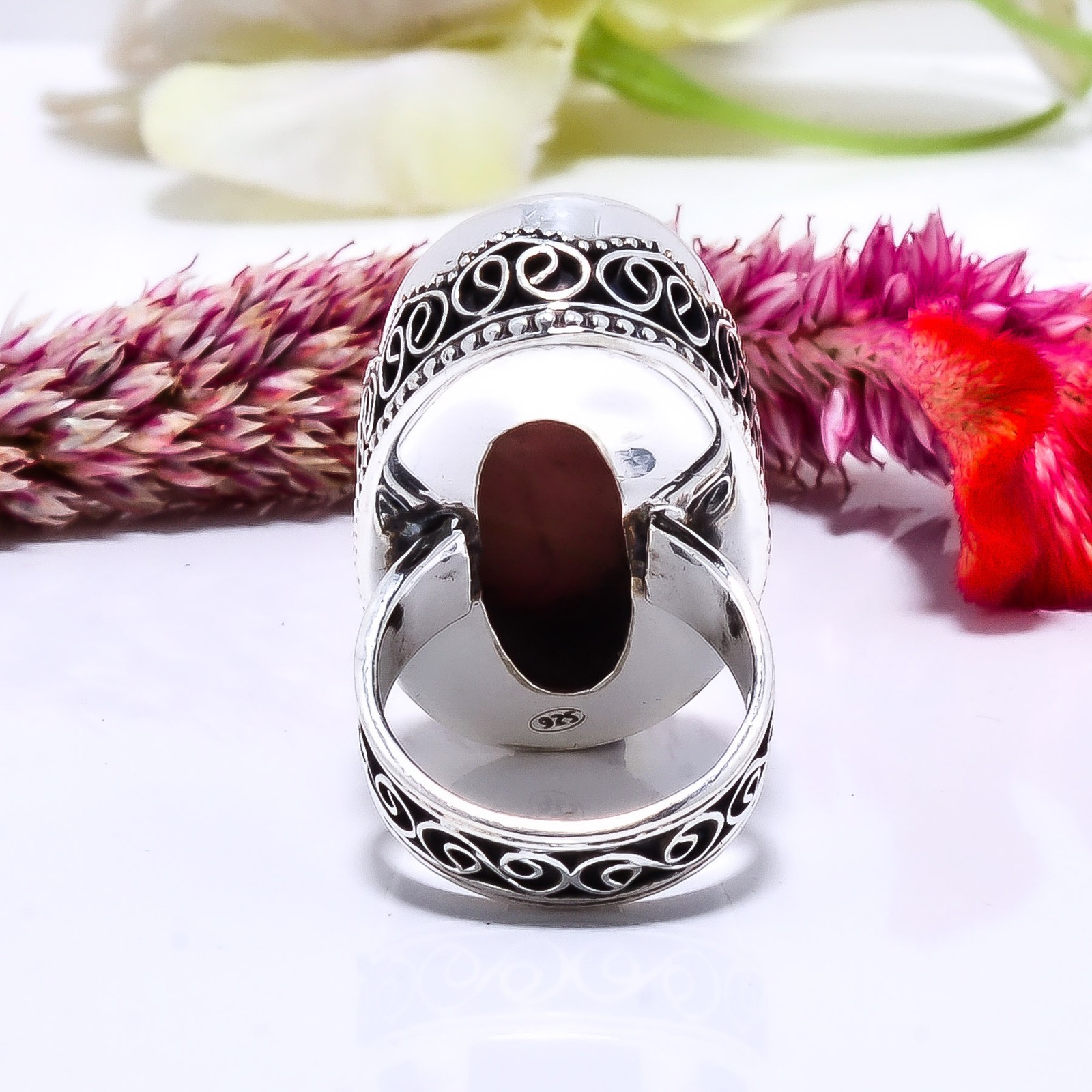 Pink Opal – Peru Fine Art Oxidised 925 Sterling Silver Ring S.6 R115331