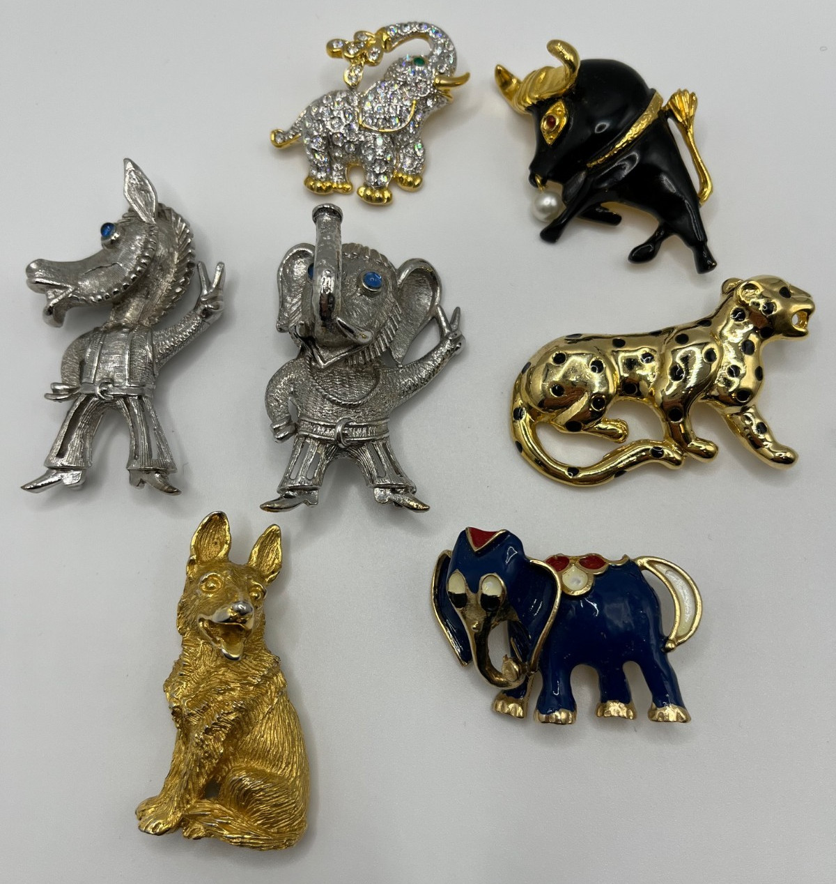 Unique Metal Animal Pins, Lot of 7, Elephants (3), Leopard, Bull, Donkey, Dog