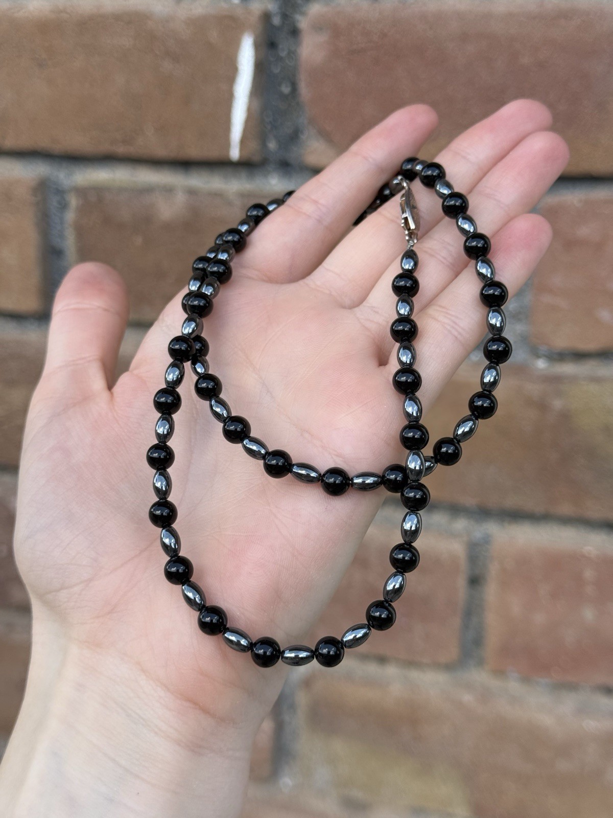 Black Onyx and Hematite Beaded Necklace Lobster Clasp