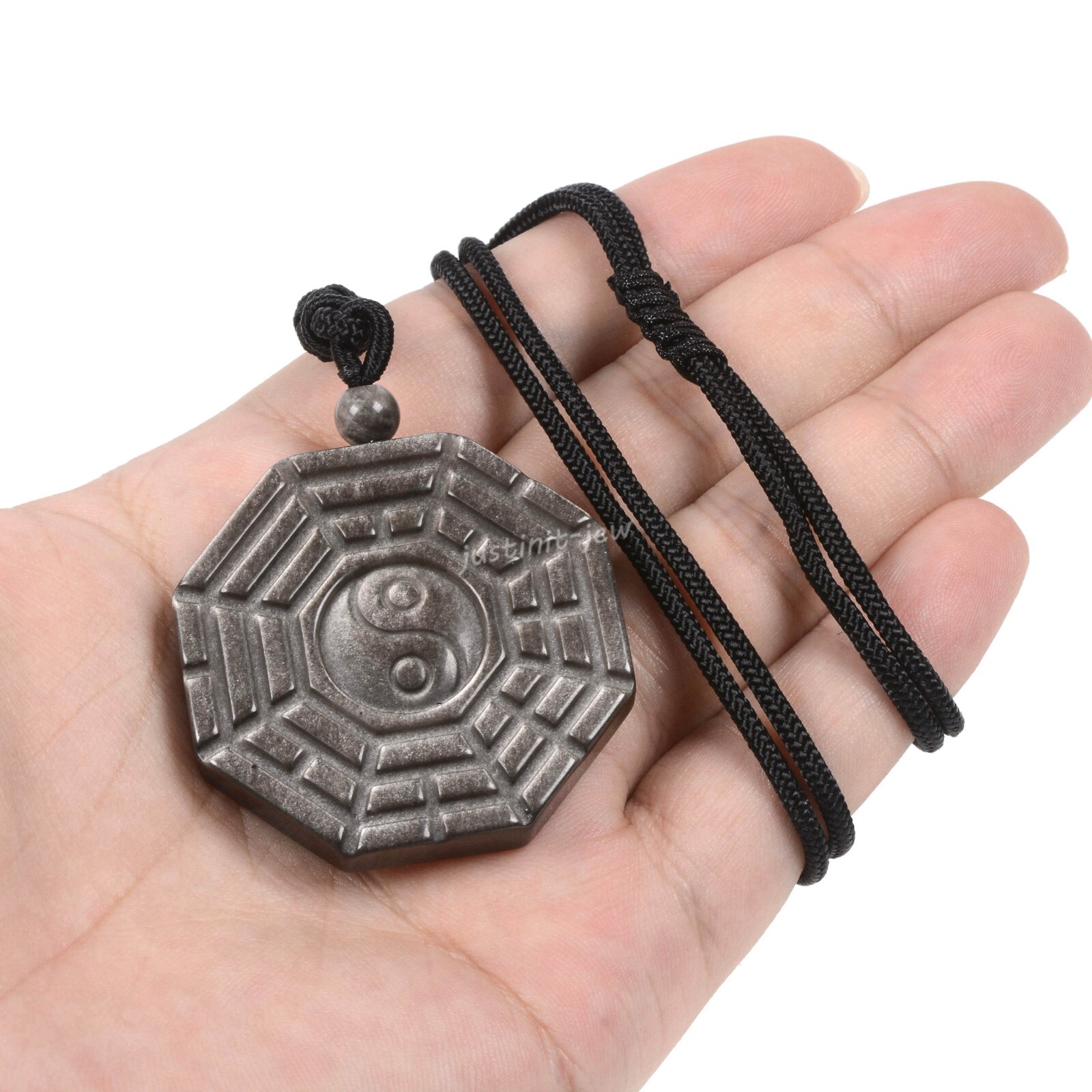 40mm Silver Obsidian bagua Chakra Pendant Adjustable Necklace 16-26 inch