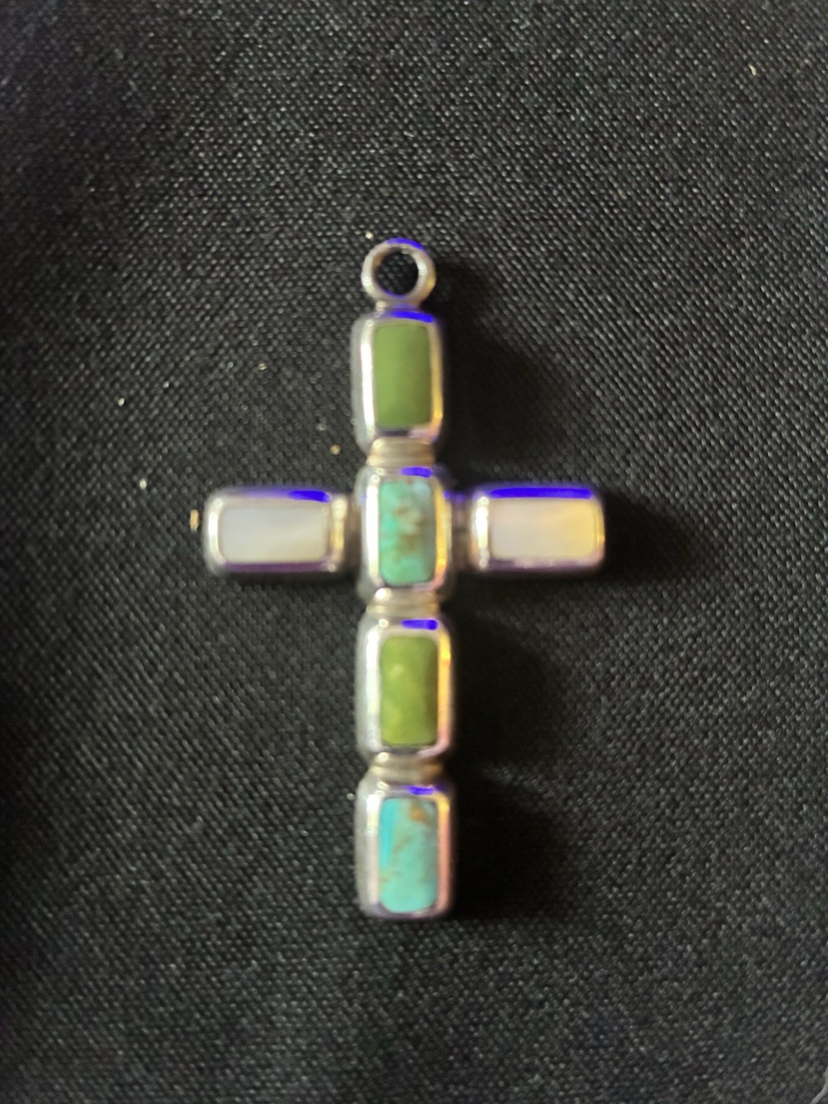 925 Sterling Silver Cross Pendant Turquoise & Mother of Pearl Inlay Signed