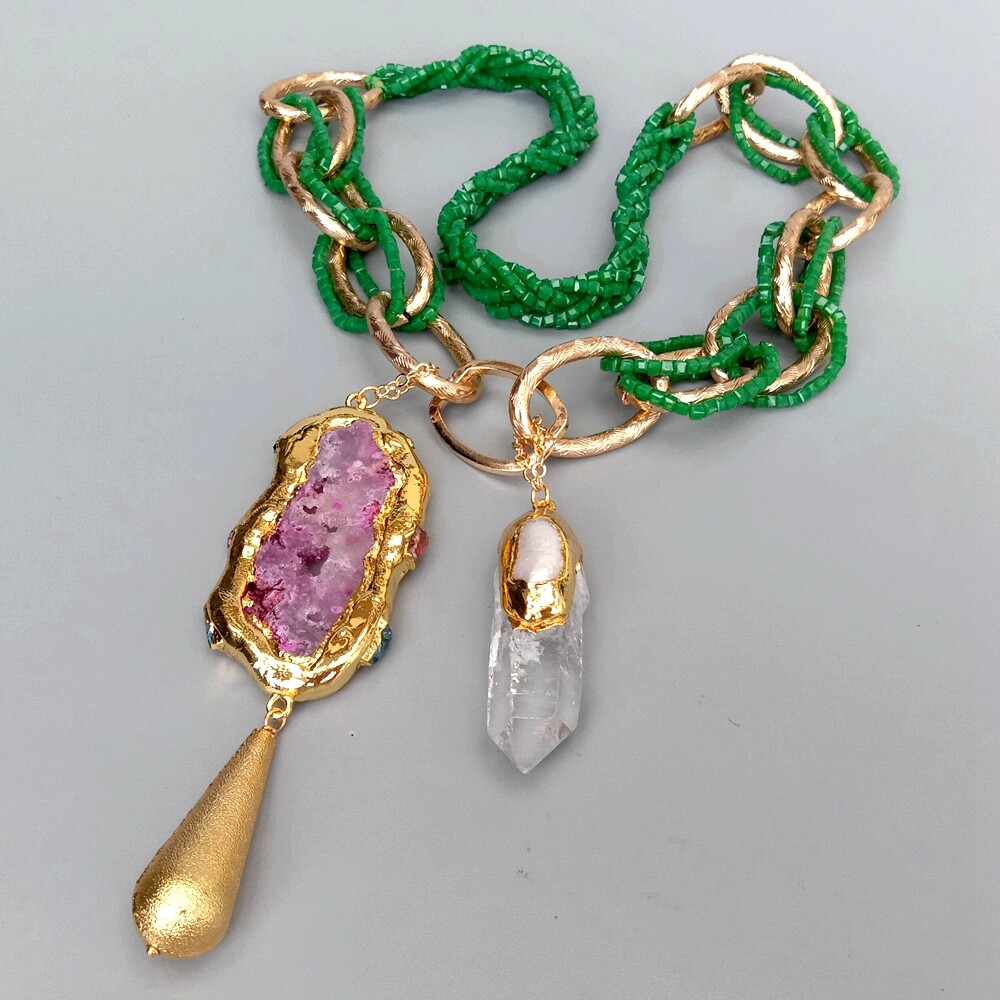 Green Crystal Necklace Fuchsia Agate Slice White Quartz Biwa Pearl Point Pendant