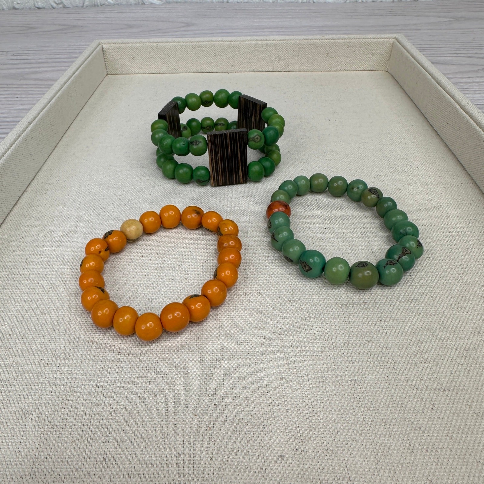 Set of 3 Lucky Wooden Beads Bracelet Orange Green Elastic Fashion Protection