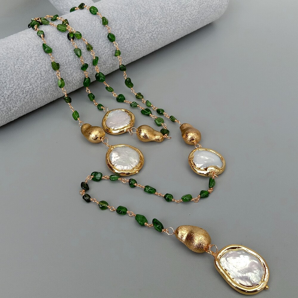 Natural Green Diopside Cultured White Coin Pearl Long Necklace 41″