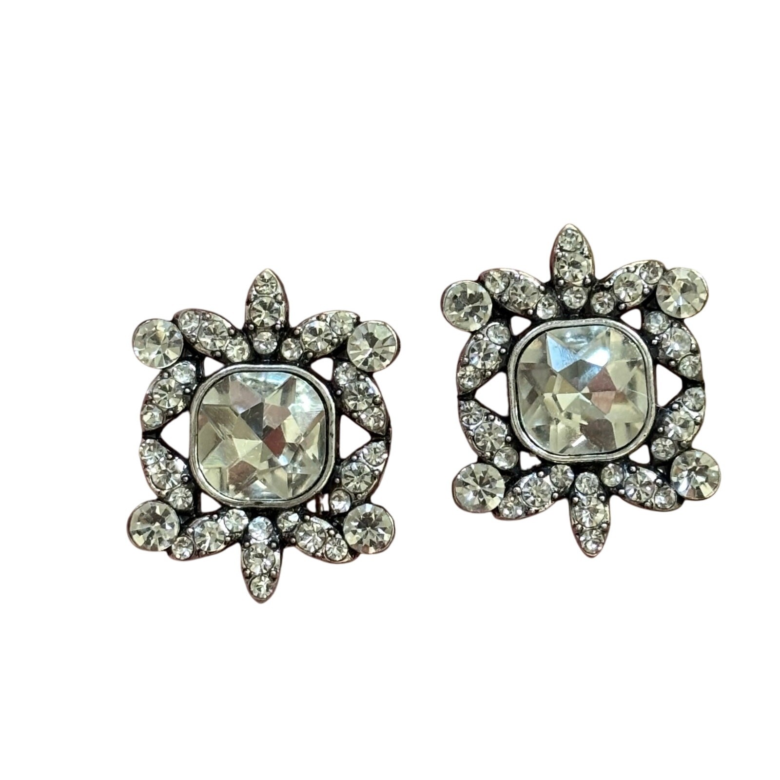 Vintage mid century clip on earrings silver & clear white rhinestones squares