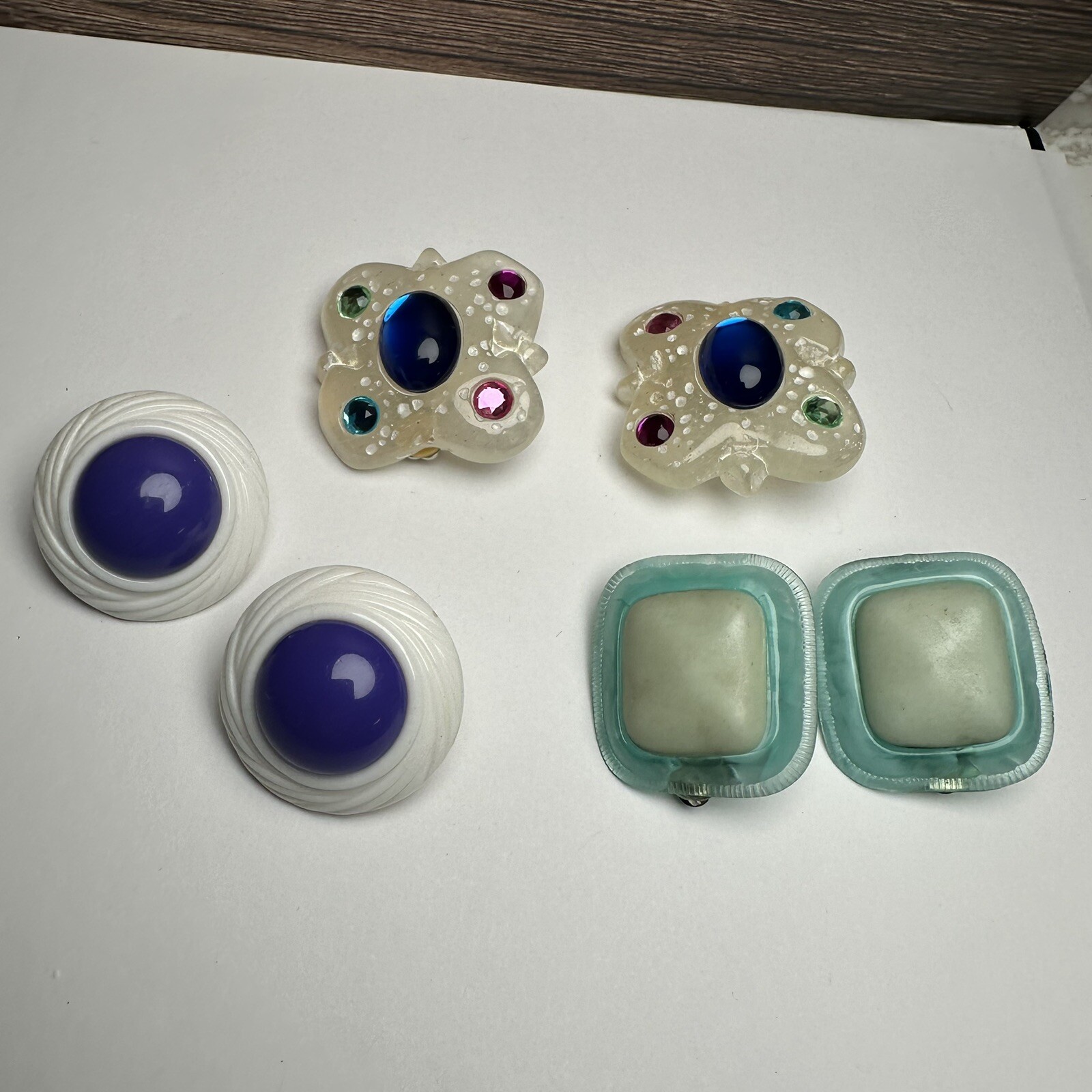 Vintage & Retro Colorful Plastic / Resin Clip On Earrings Lot Of 3