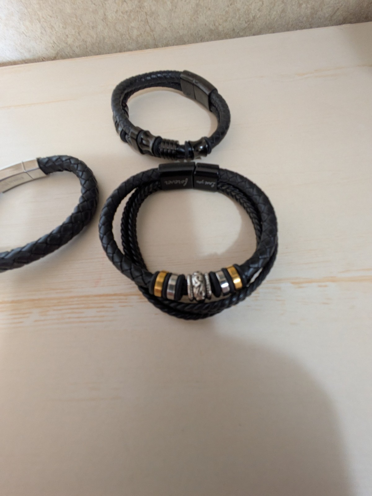 Men’s Bracelet Braided Leather & Bead Lot of 3 Clean