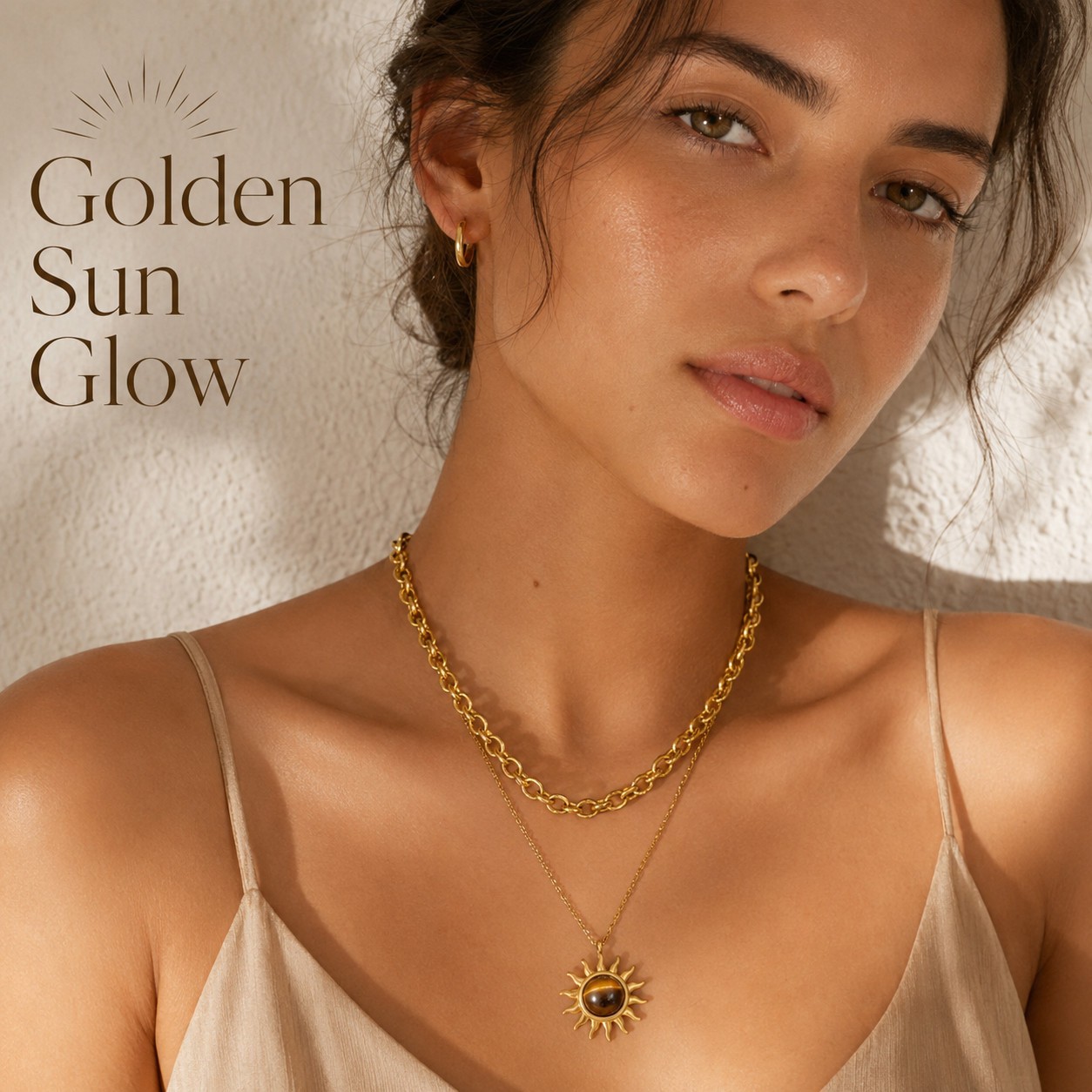 Gold Stainless Steel Tiger Stone Sun Necklace Layered Chain Pendant Jewelry Gift