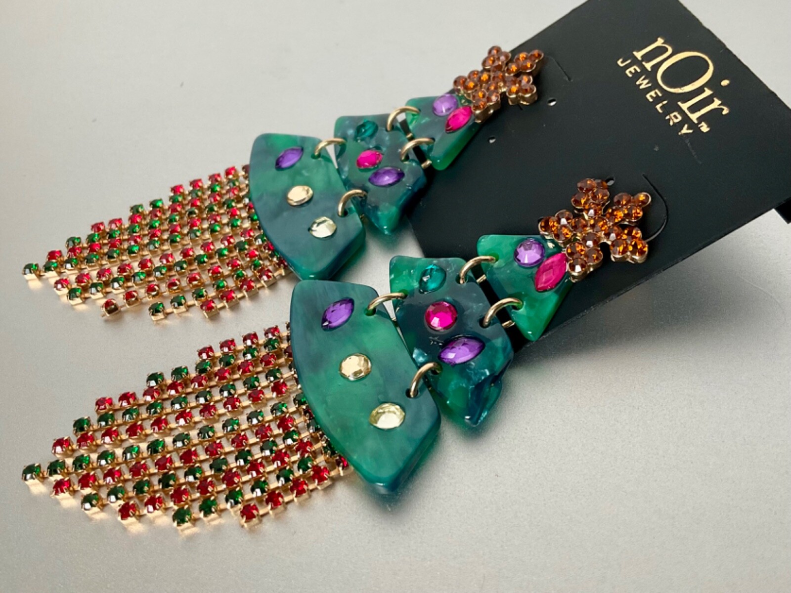 NOIR Funky Statement Christmas Tree Dangle Earrings Acrylic & Rhinestones