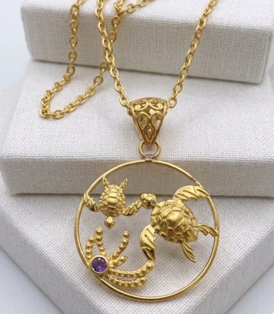 Brass Sea Turtle Mermaid Seahorse Pendant Purple Amethyst Ocean Gold Color Jewel