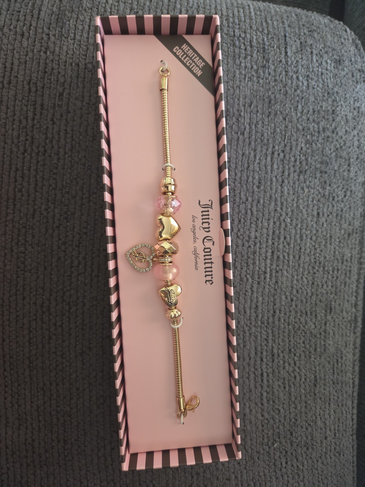 Juicy Couture Bracelet Gold Heart Lock Crown Key Green Pink Beaded Charms New