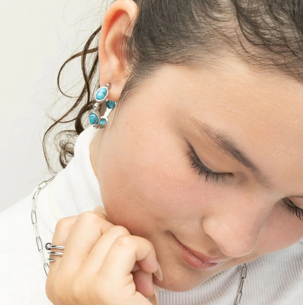 Stainless Steel Turquoise Stone Huggie Earrings Lightweight Bohemian