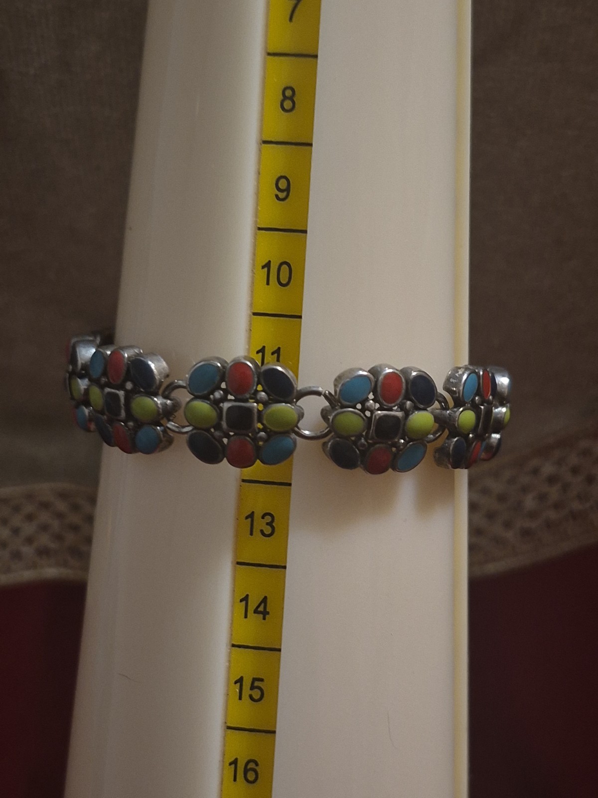 Colorful Bracelet Enamel Square Link Fun Silver Tone Metal 8 Inch