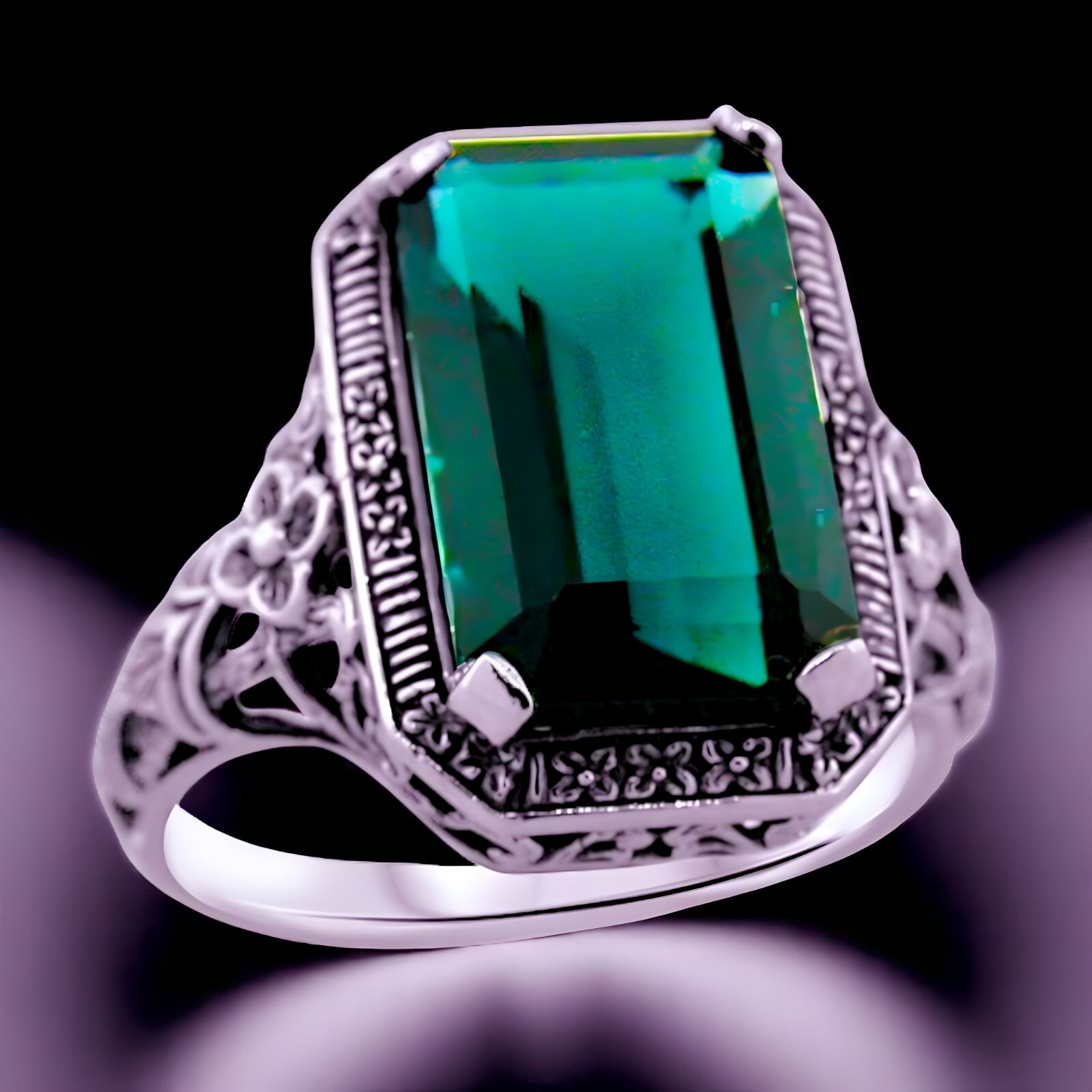 925 STERLING SILVER ART DECO STYLE RING 6 CT LONDON BLUE SIMULATED TOPAZ #1141