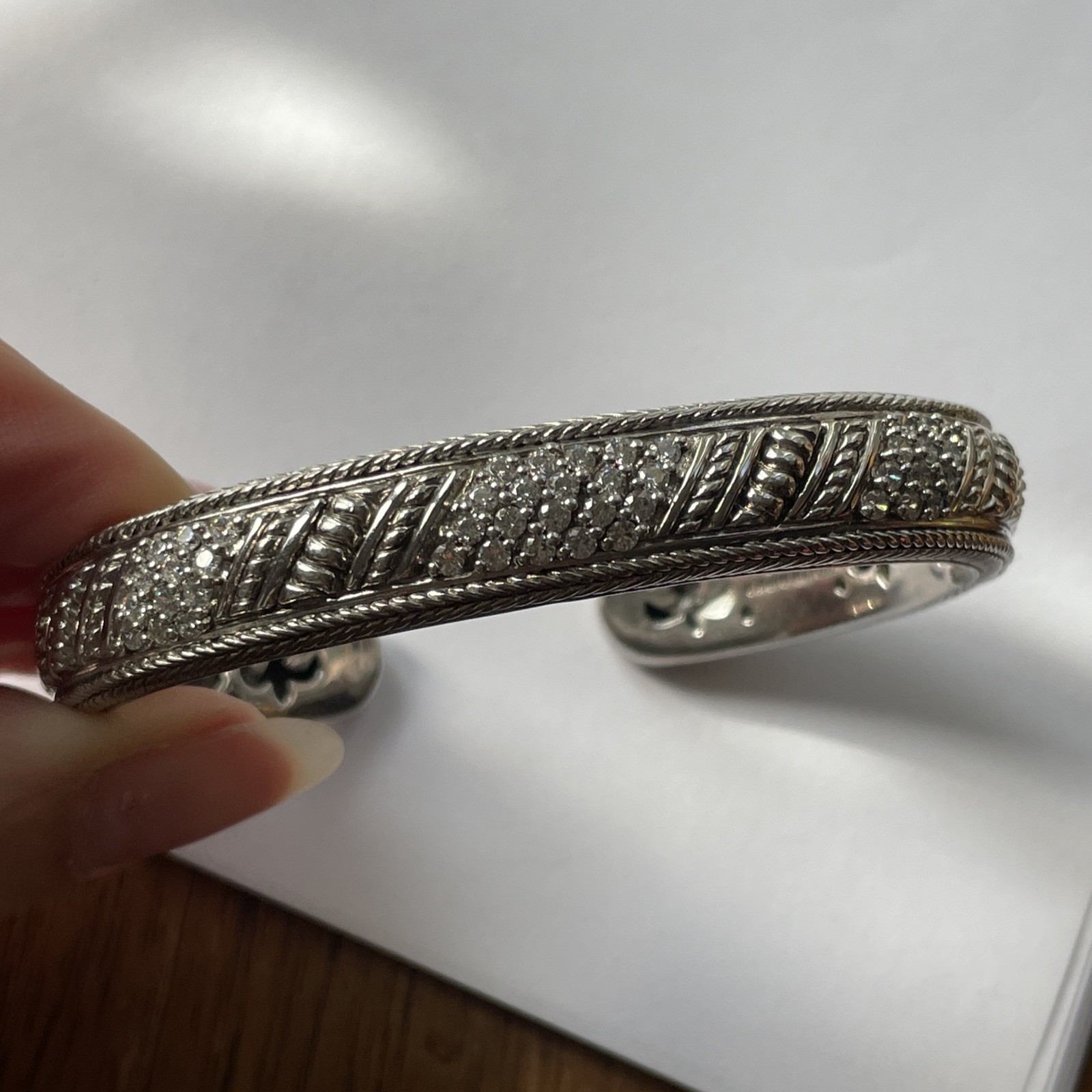 Judith Ripka Sterling Silver Diamonique CZ Cable Hinged Cuff Bracelet 7″ 47g