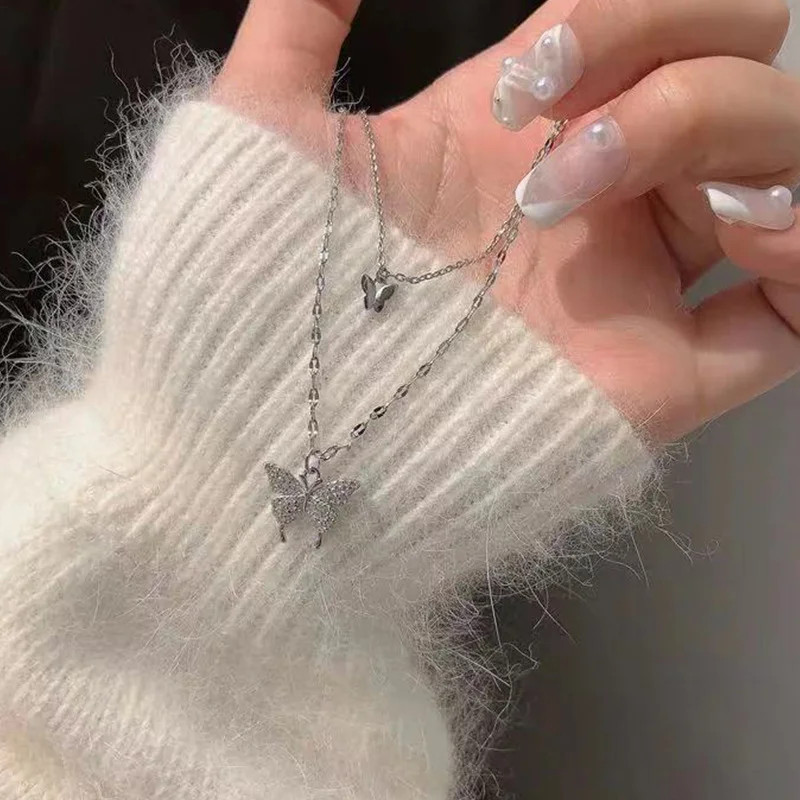 New Shiny Silver Colour Butterfly Necklace Ladies Exquisite Double Layer Clavicl