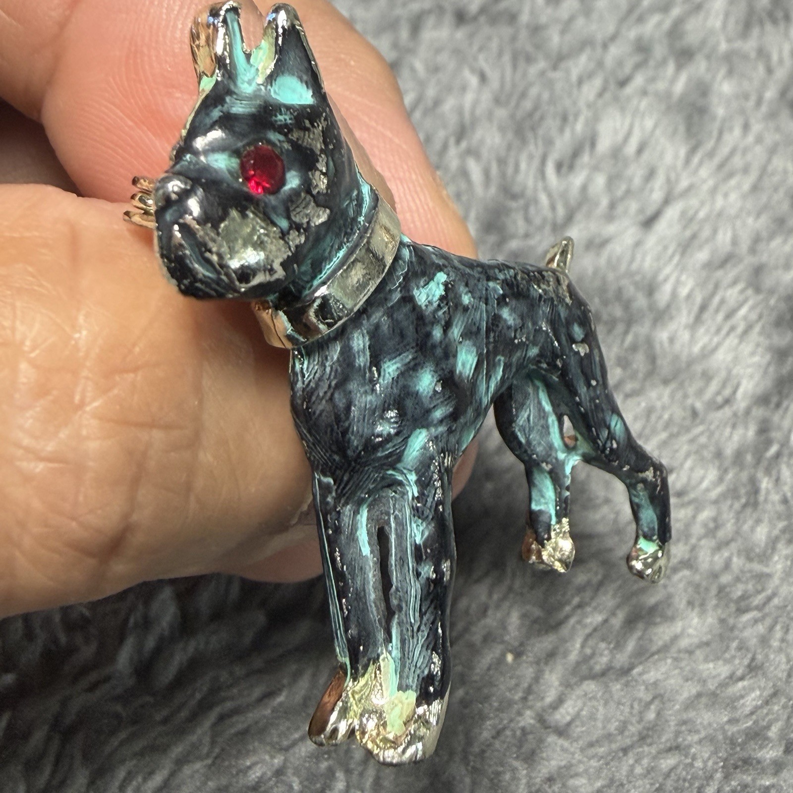 Enamel Dog Brooch Pin Black Blue Silver w/ Red Round Rhinestone Eye