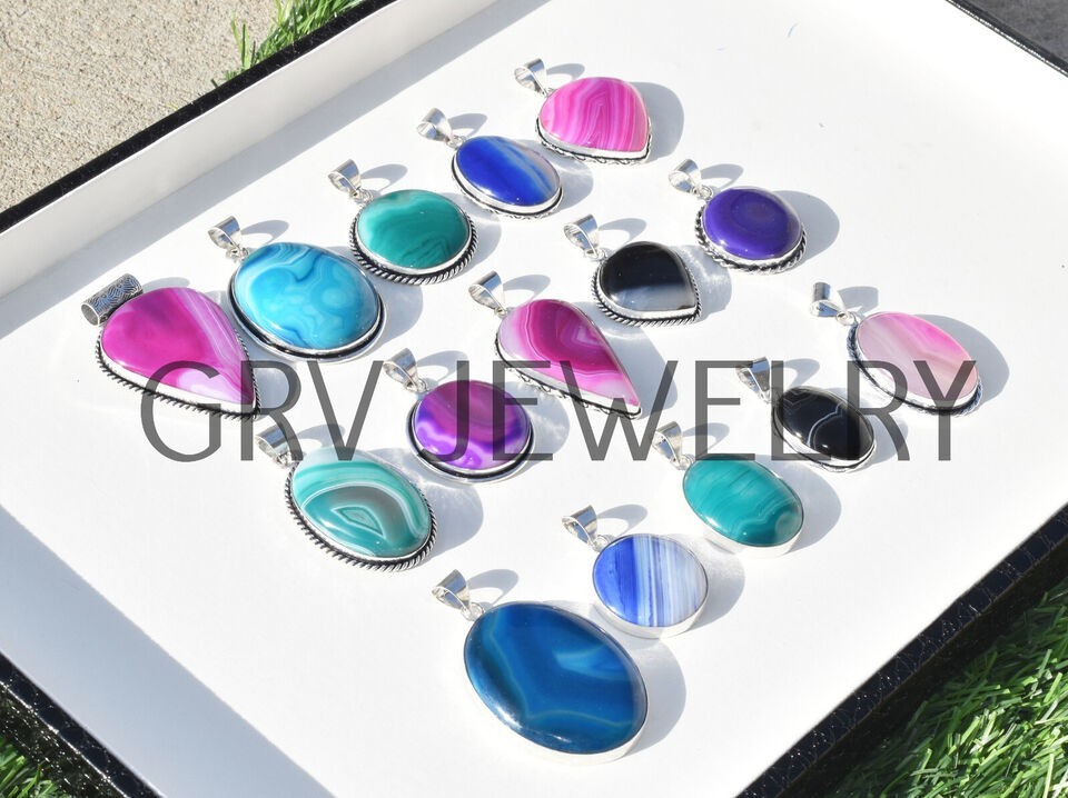 1-1000 Pcs Banded Agate Gemstone Handmade Pendant Lot Bulk: Silver Plated WH-5