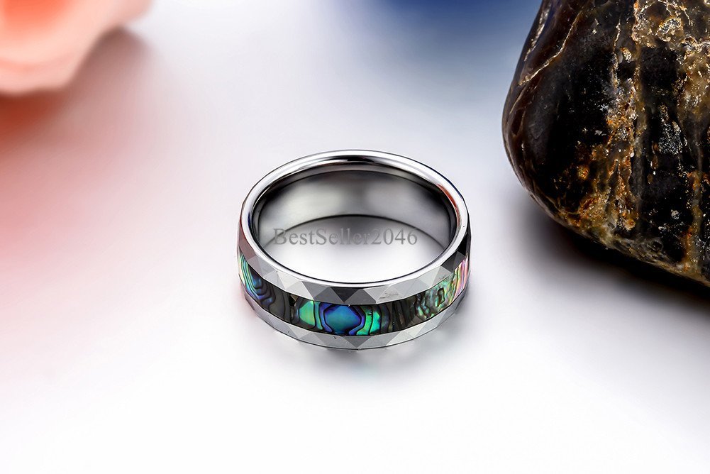 8mm Abalone Shell Inlay Mens Multi-faceted Tungsten Carbide Wedding Band 7-13