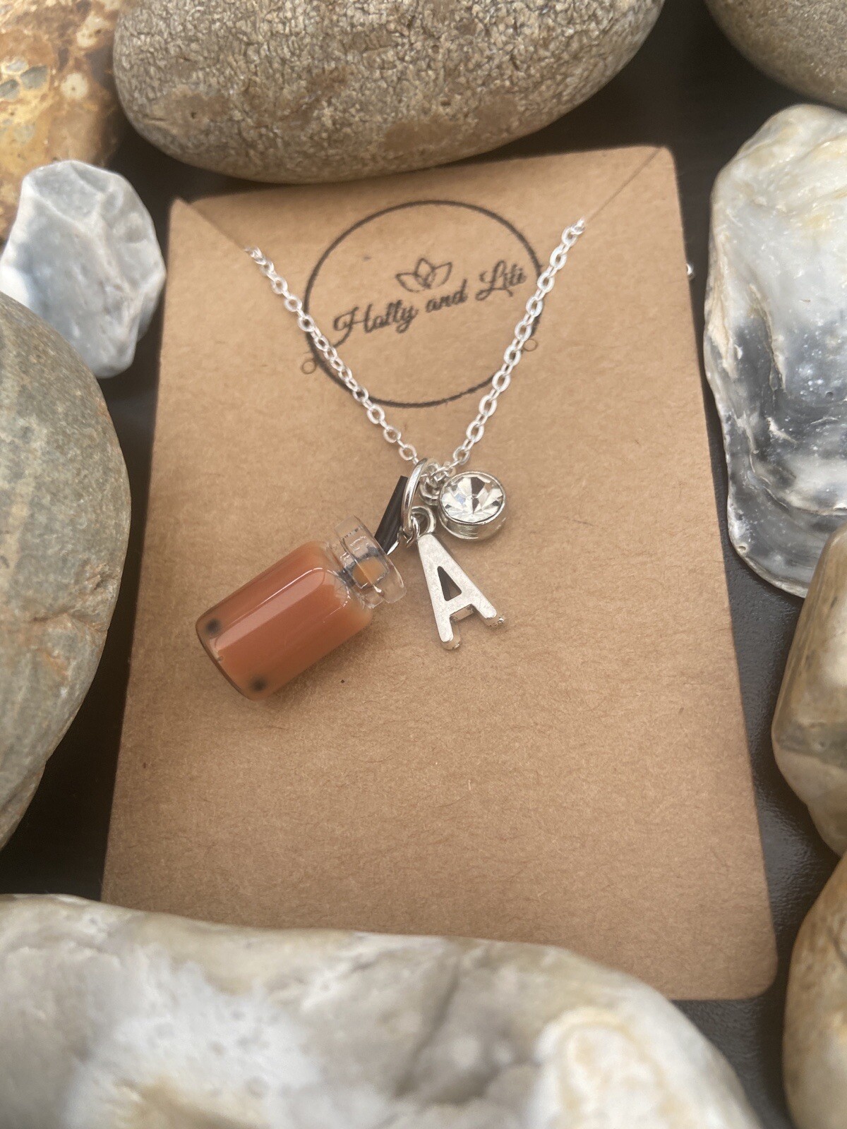 Brown Bubble Tea Boba Personalised Necklace Alphabet Initials & Birthstone