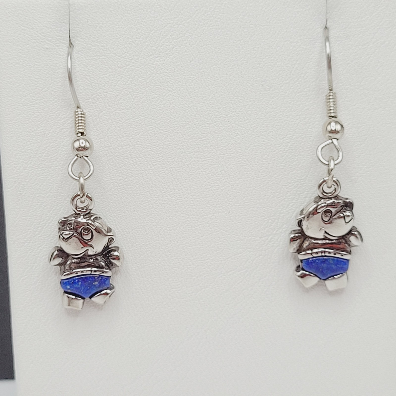 SW Waldeck Johnson Teddy Bear Lapis Lazuli Silver Tone Pierced Hook Earrings