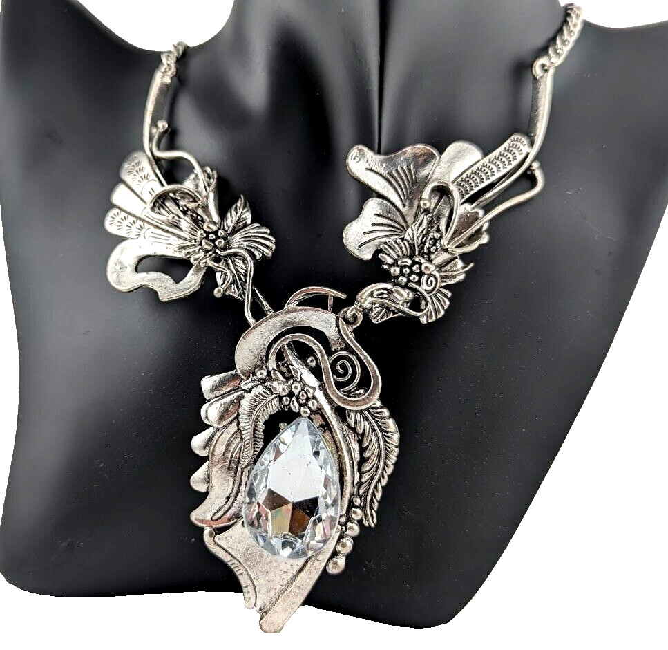 SILVER CHUNKY FLORAL BIB NECKLACE art nouveau lily clear stone earrings set Z8