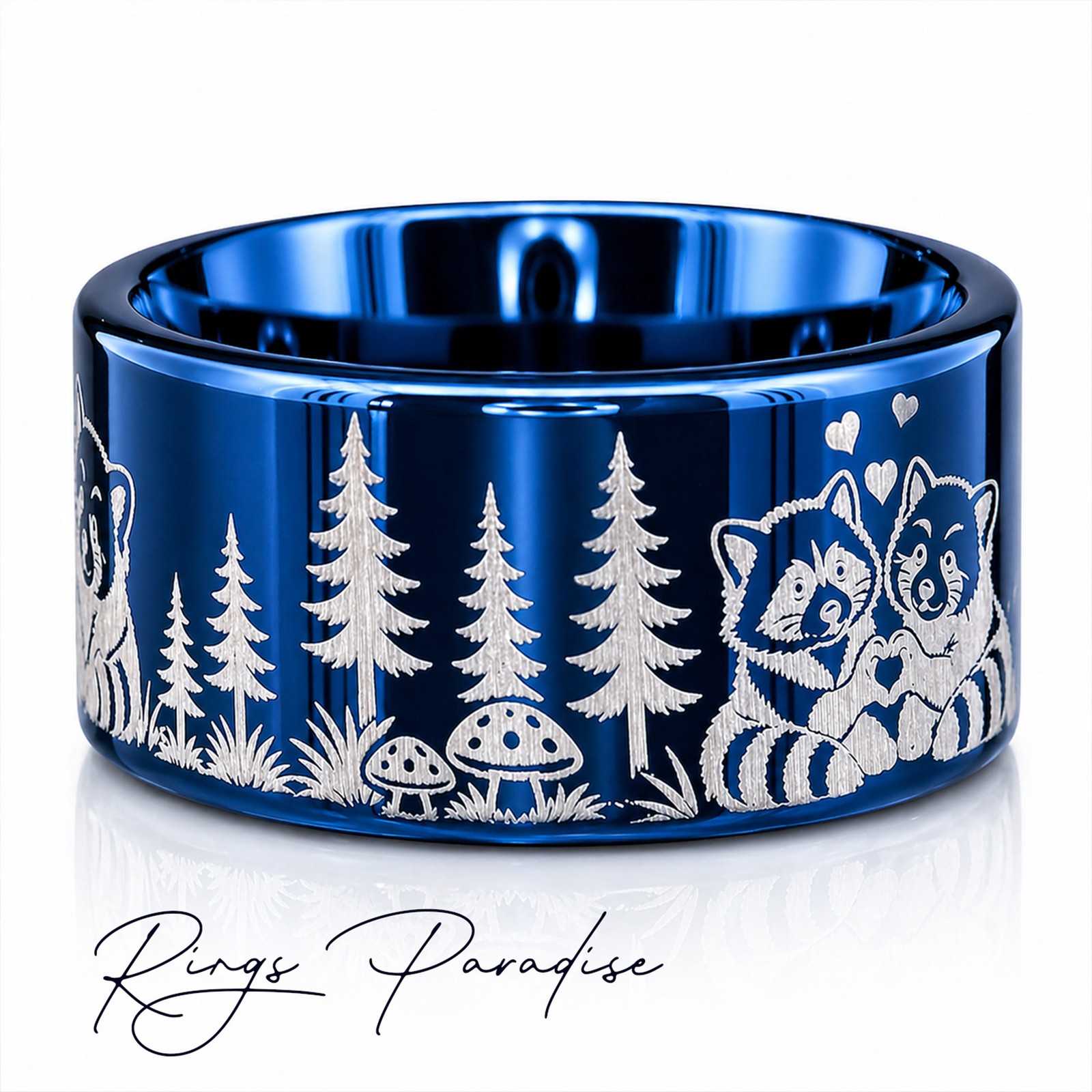 Raccoon and Red Panda Engraved Ring – Forest Animal Design – 8mm, 10mm,12mm