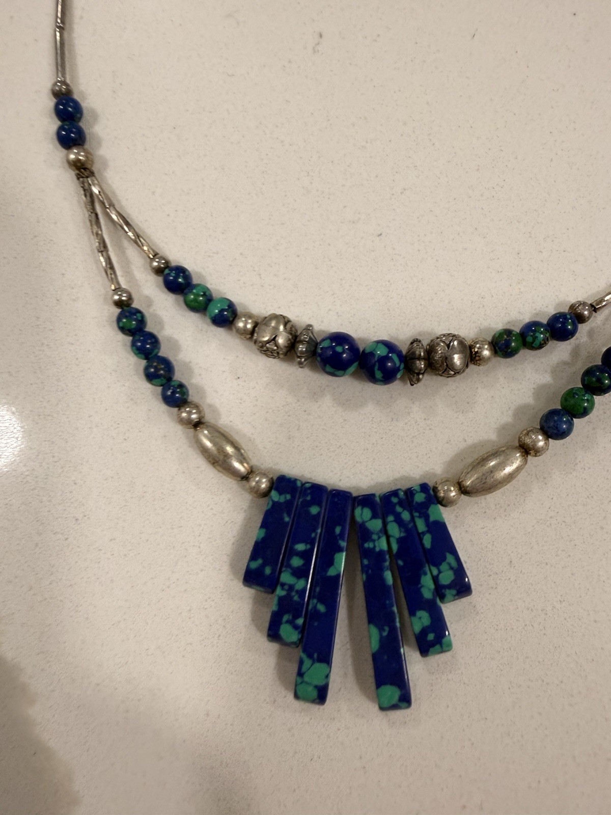 2 Handmade Mexican Multistrand Beaded Pendant Necklaces Silver Tone