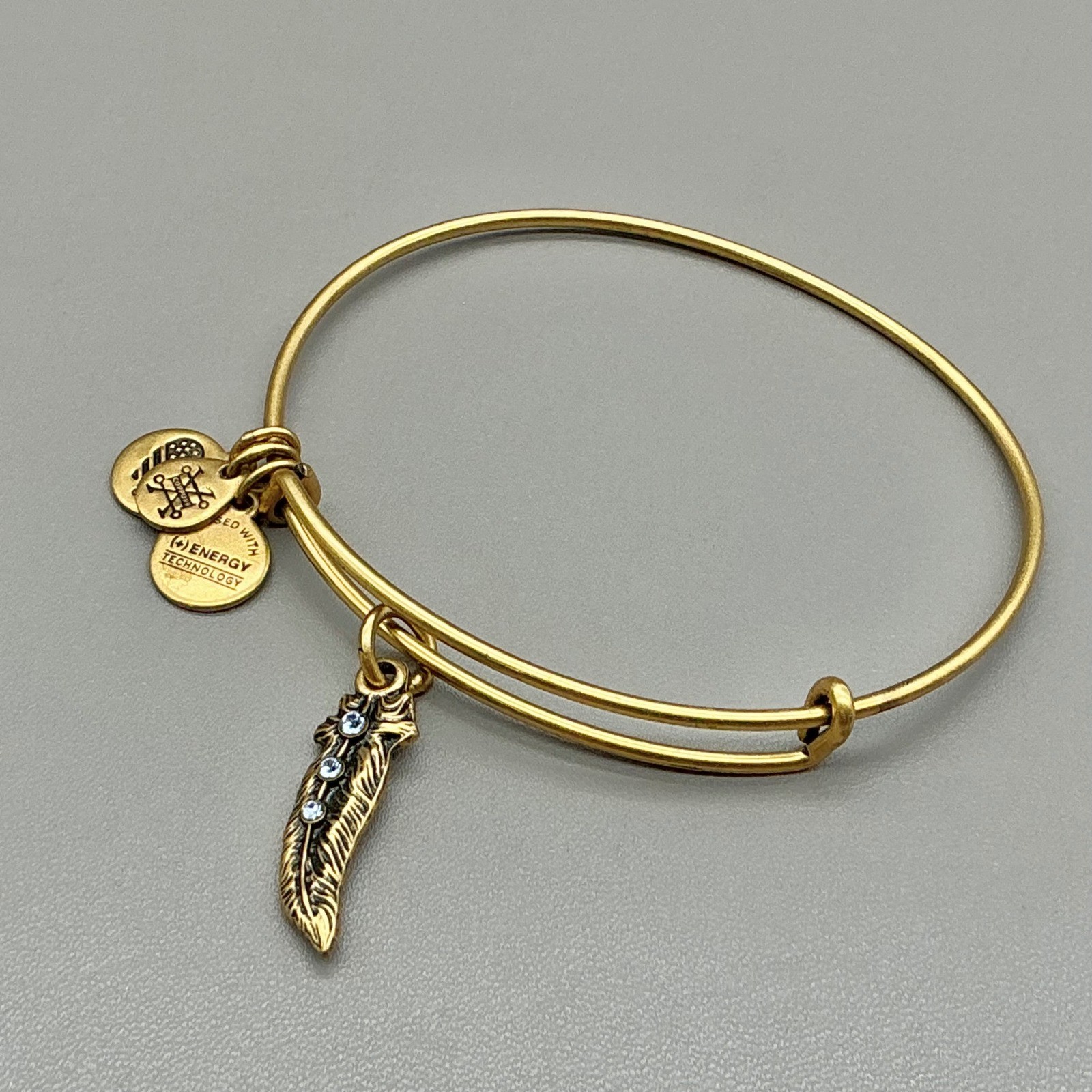 Alex and Ani Bracelet Womens Gold Tone Feather Charm Crystal Bangle 7-8 Inch